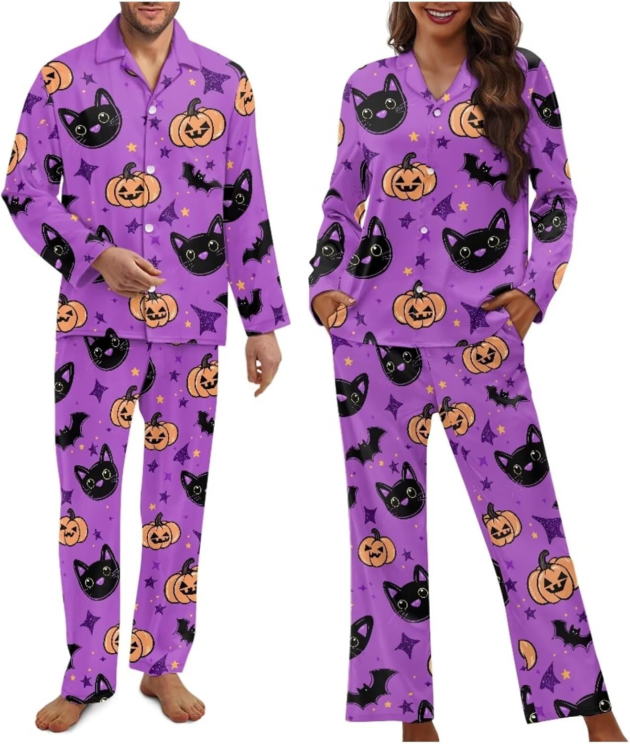 Matching Pajamas for Couple Soft Funny Front Button long Sleeve Pajamas