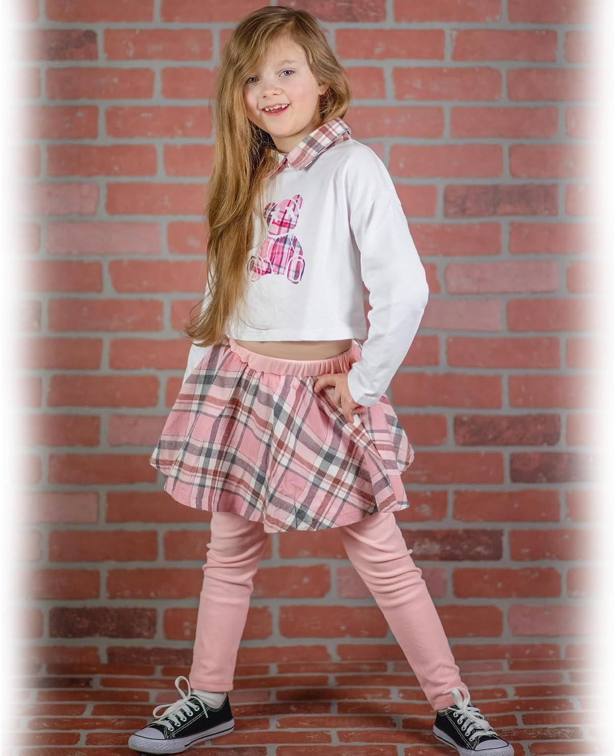 HINTINA Toddler Little Girl Letter Print Sweatshirt Top Plaid Skirt Pants Fall Winter Outfits