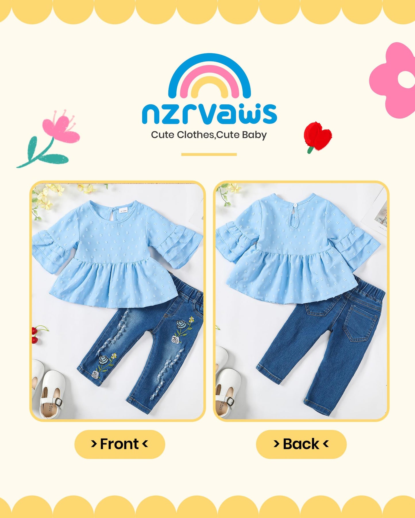 NZRVAWS Baby Girl Clothes Toddler Girl Outfits Infant Ruffle Shirt Denim Ripped Jeans Cute Clothing Set