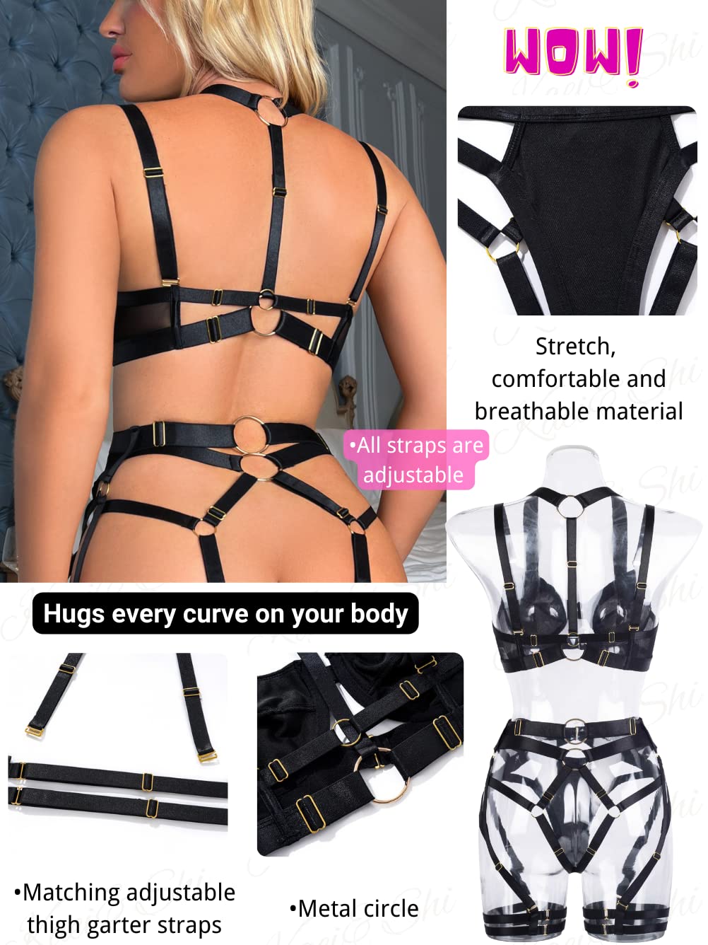Kaei&Shi Strappy Harness, All Adjustable, Underwire Racerback, 4pc Garter Set