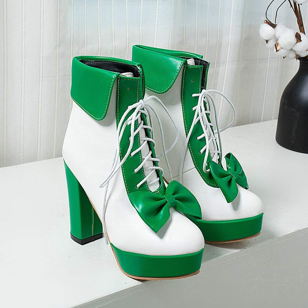 Parisuit Womens Dress Kawaii Boots Chunky High Heel Platform Ankle Booties Lace Up Sweet Bow Shoes