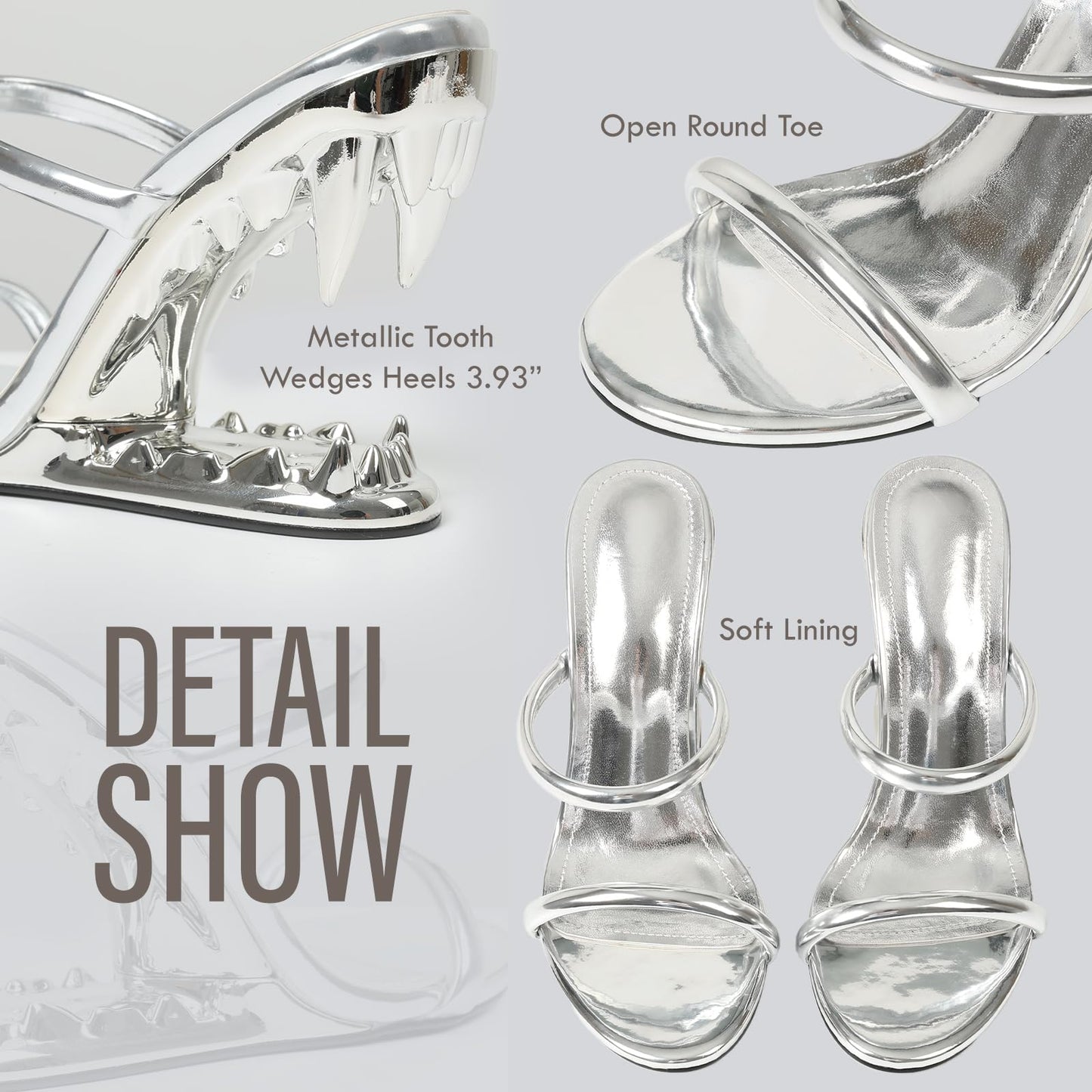 Goiphrri Wedge Sandals for Women Strappy Heels Round Open Toe Heels Metallic Shark Tiger Teeth heeled Sandals Flip Flops Thong Womens Mules Slip on Party Dress Wedding Ceremony