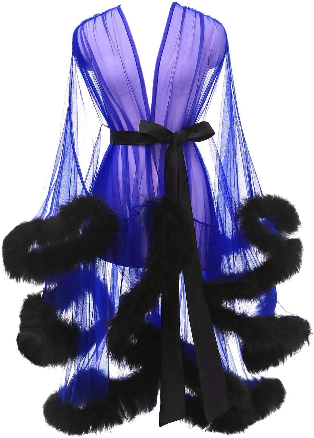 Tulle Feather Robe Sexy Sheer Mesh Fur Bridal Illusion Boudoir Bathrobe Nightgown Christmas Lingerie
