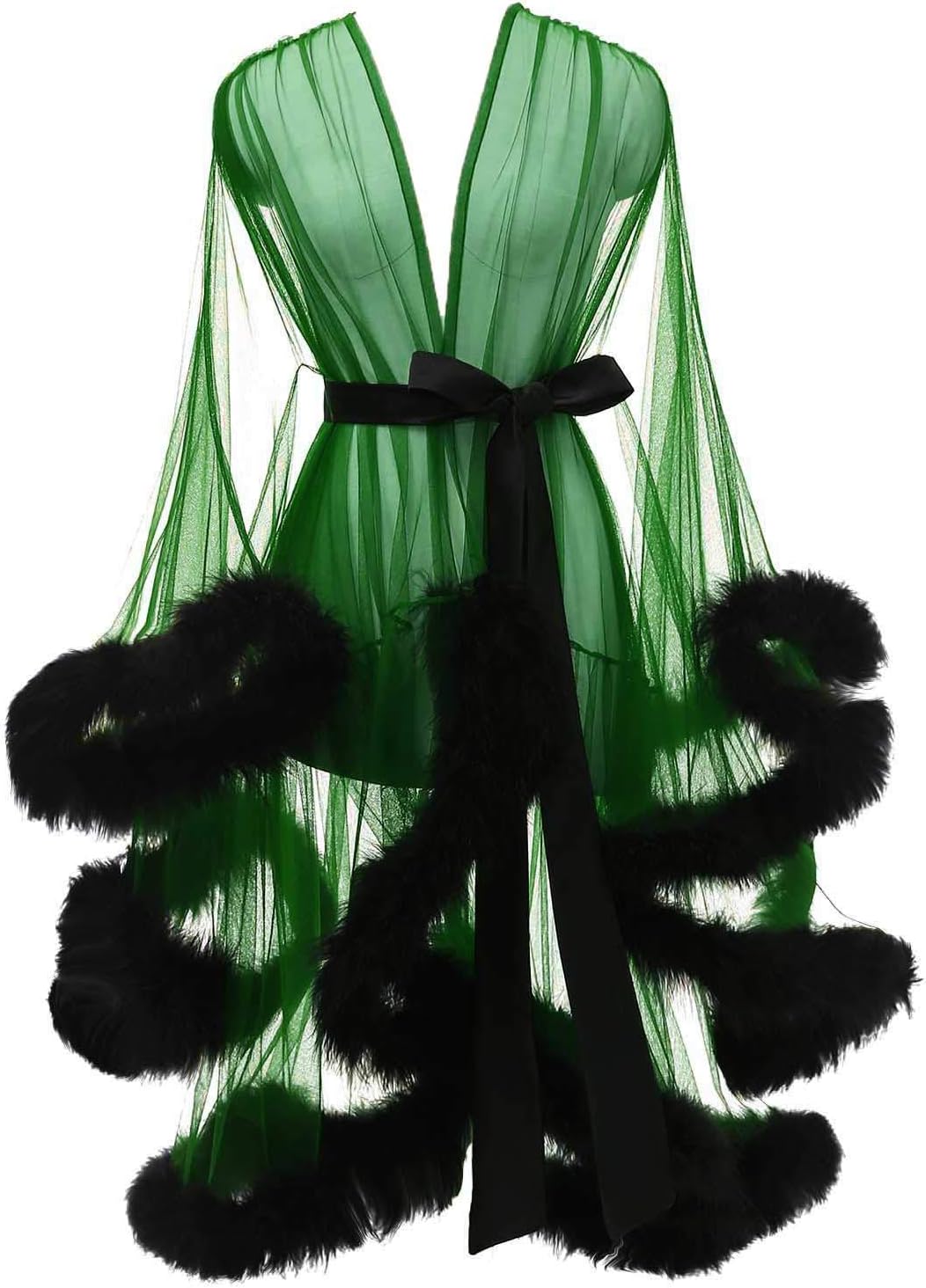 Tulle Feather Robe Sexy Sheer Mesh Fur Bridal Illusion Boudoir Bathrobe Nightgown Christmas Lingerie