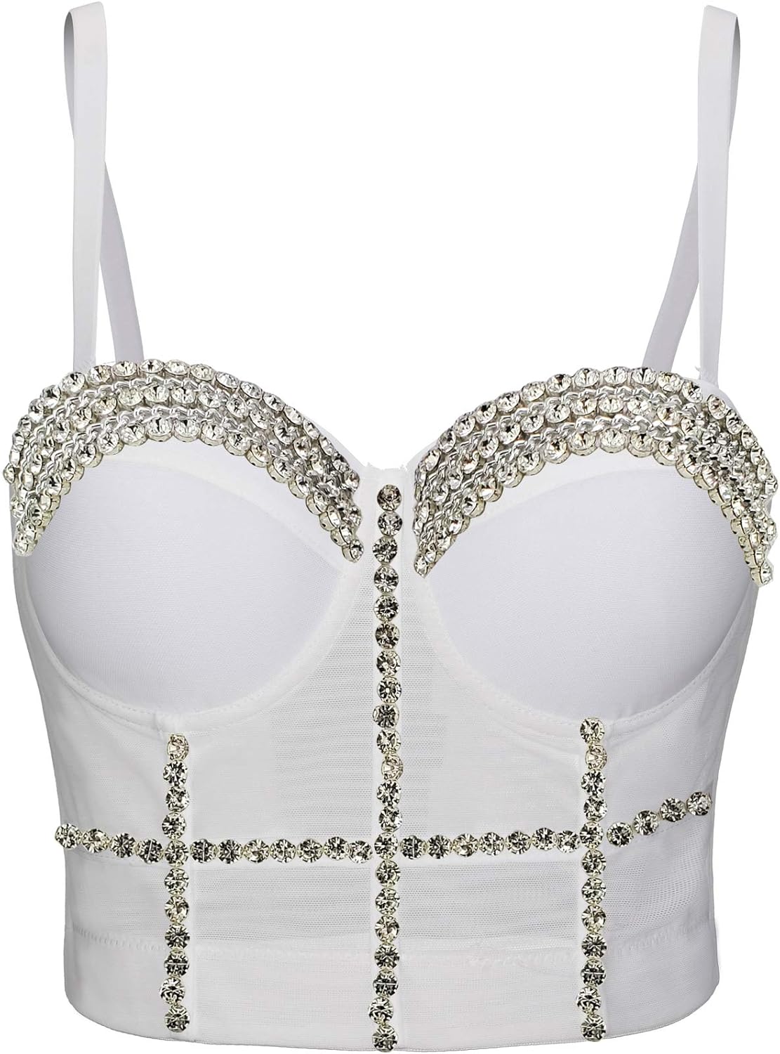 Women's Handmade Rhinestone Diamond Push up Bustier Crop Top Punk Corset Bra Vest