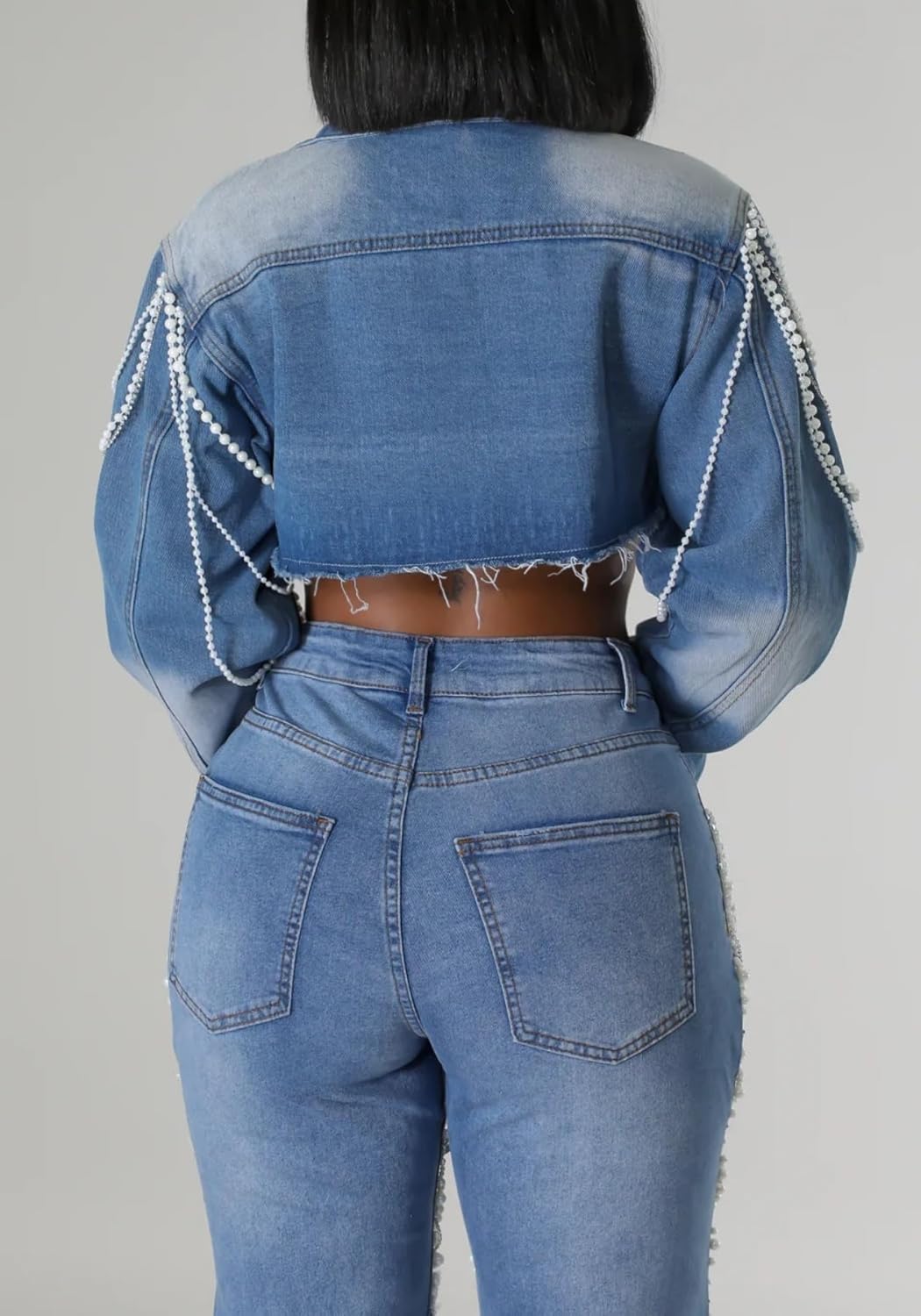 Lucuna Women's Cropped Denim Jacket Long Sleeve Trendy Pearl Distressed Crop Top Jean Jacket Coat