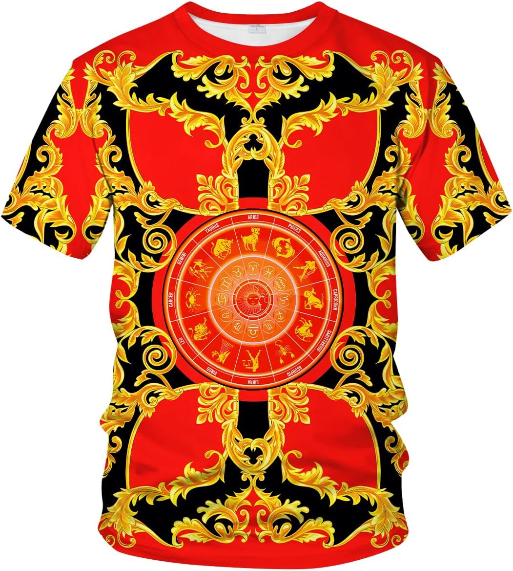 LAOLIUSN Men's Gold Shiny Printed T-Shirt - Golden Ornate Theme, Floral Graphic Tee Shirt