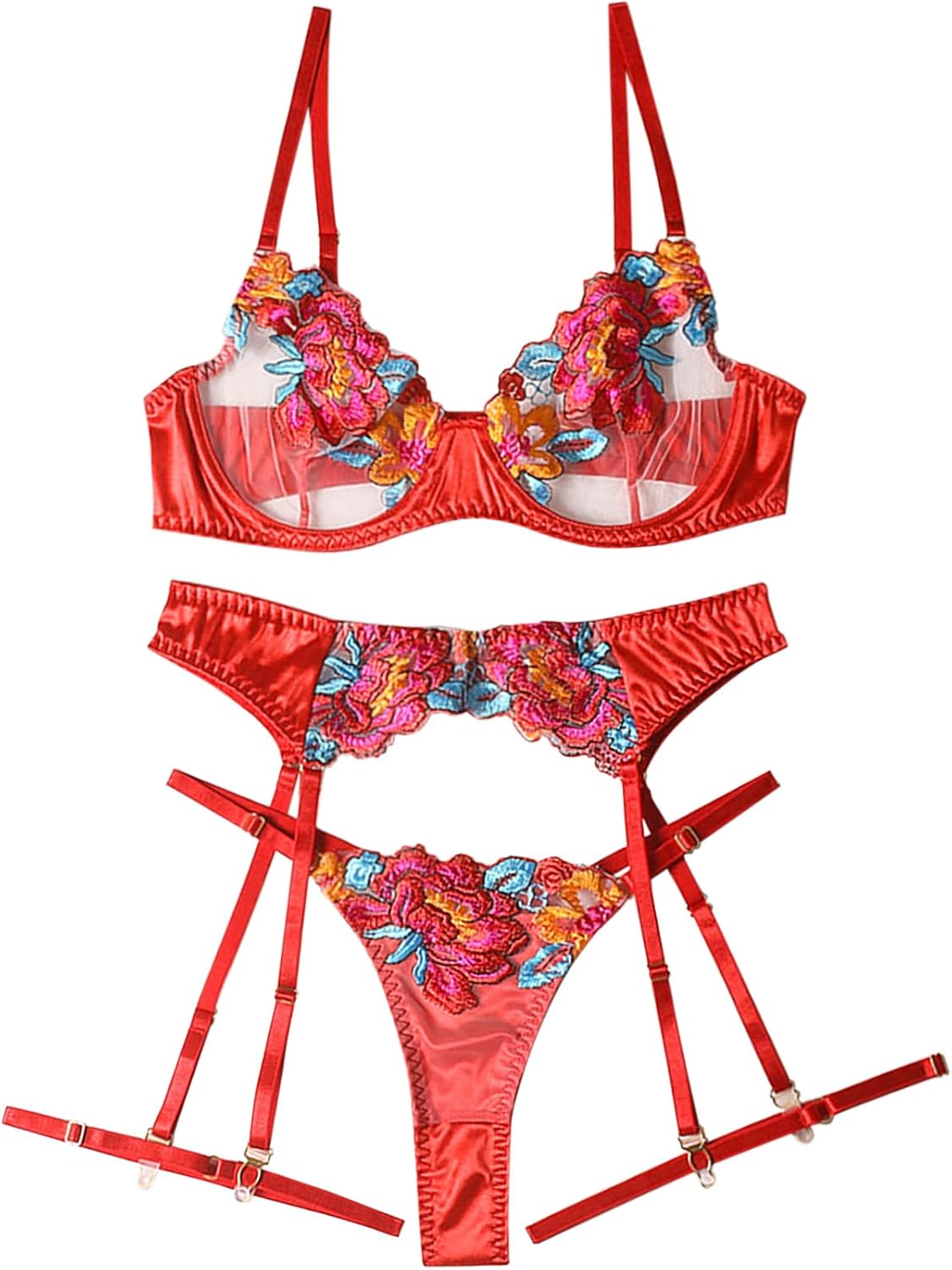 Lilosy Sexy Leaf Floral Embroidered Mesh Sheer Women Underwire Push Up Lingerie Set