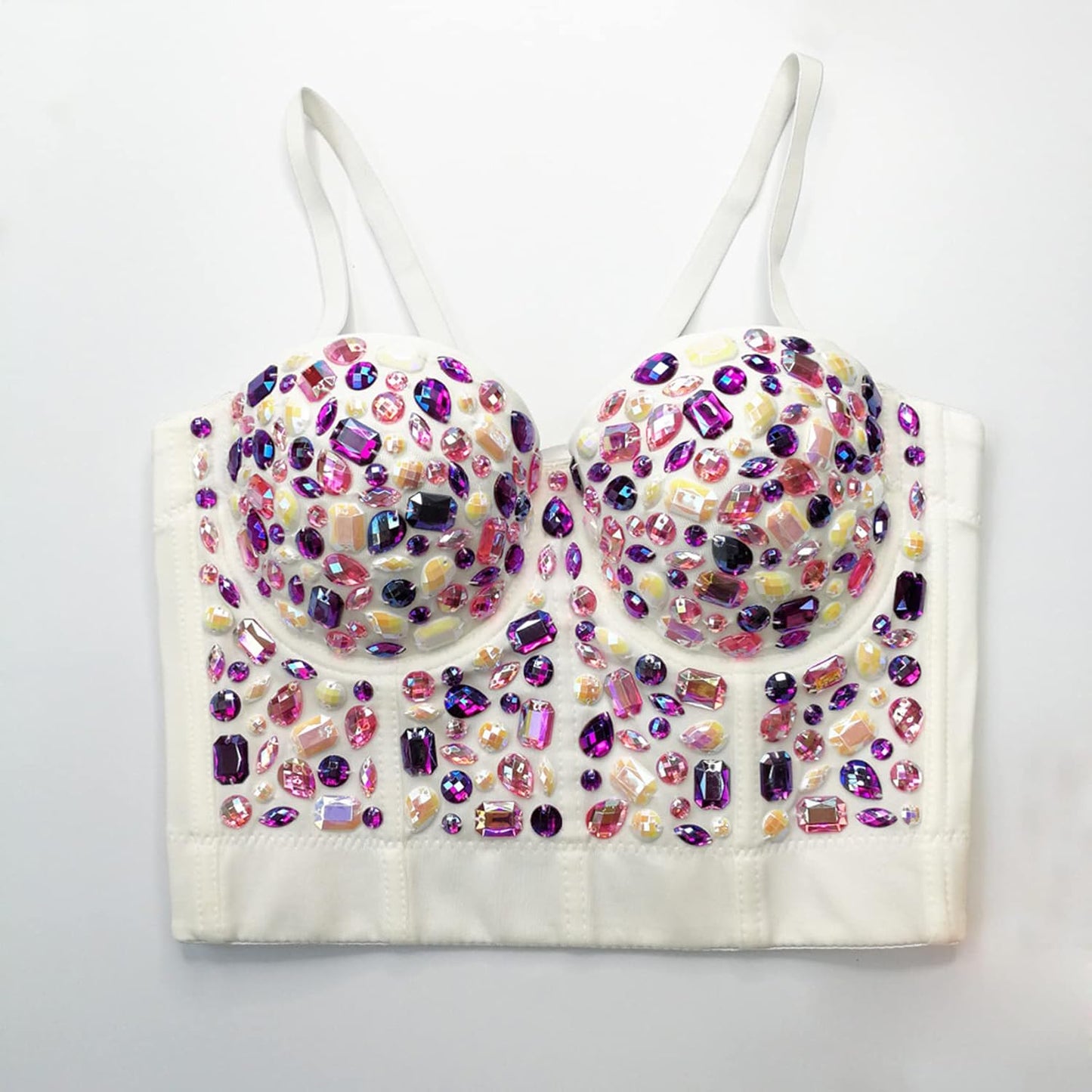 Women's Handmade Rhinestone Diamond Push up Bustier Crop Top Punk Corset Bra Vest