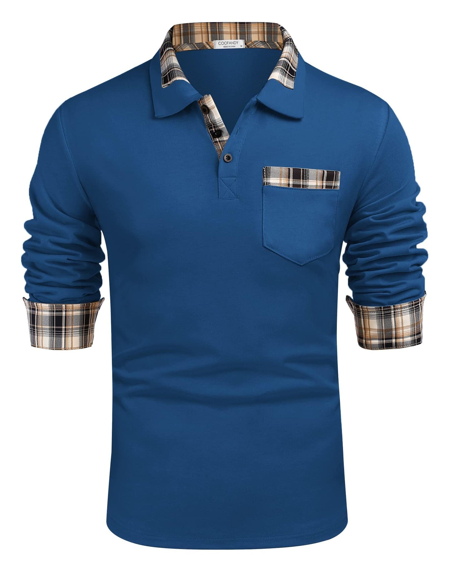 COOFANDY Men's Casual Polo Shirt Long Sleeve Classic Plaid Button Tees with Pockets