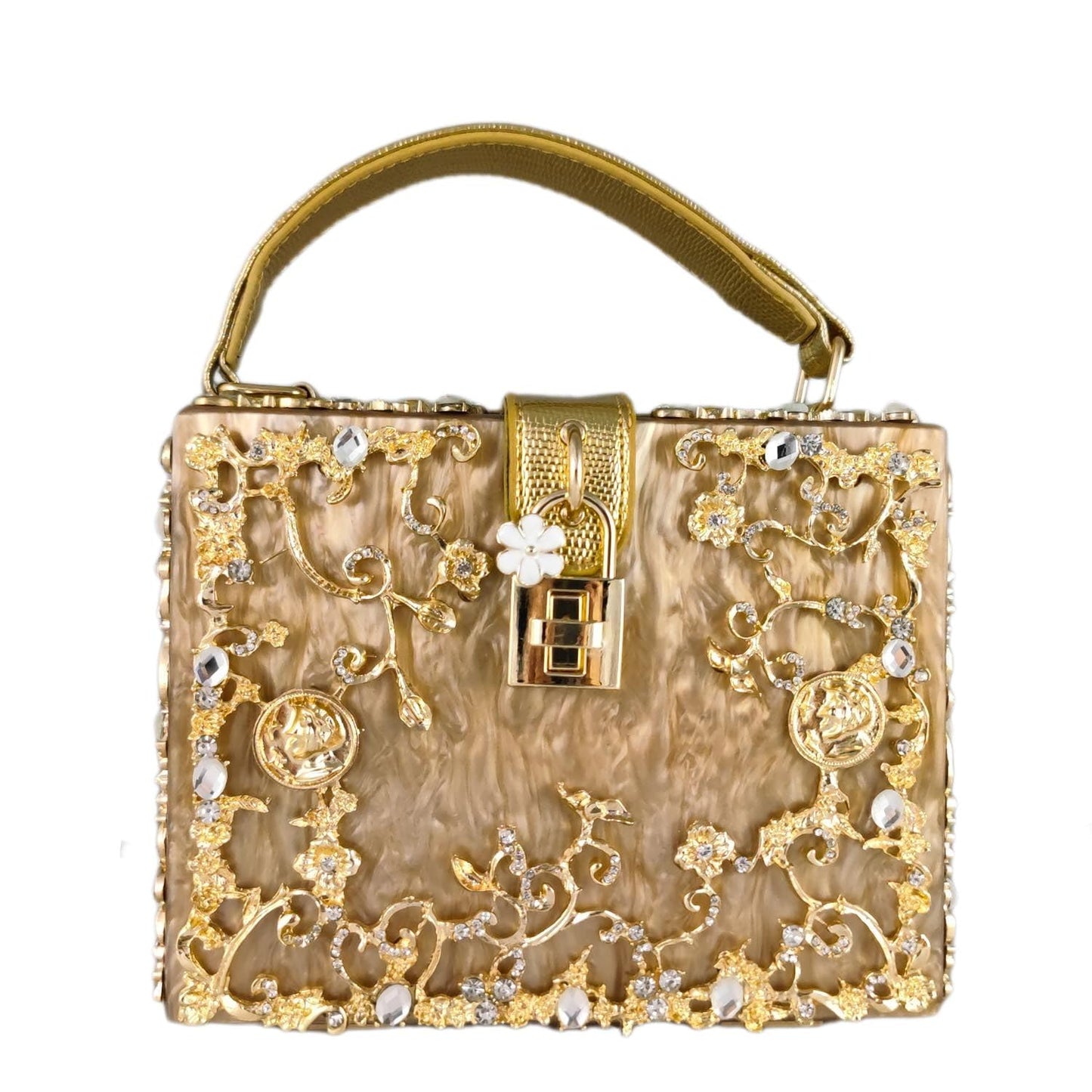 Boutique De FGG Acrylic & Flower Designer Shoulder Bags for Women Crossbody Bag Rhinestones Box Tote Evening Handbags,Small