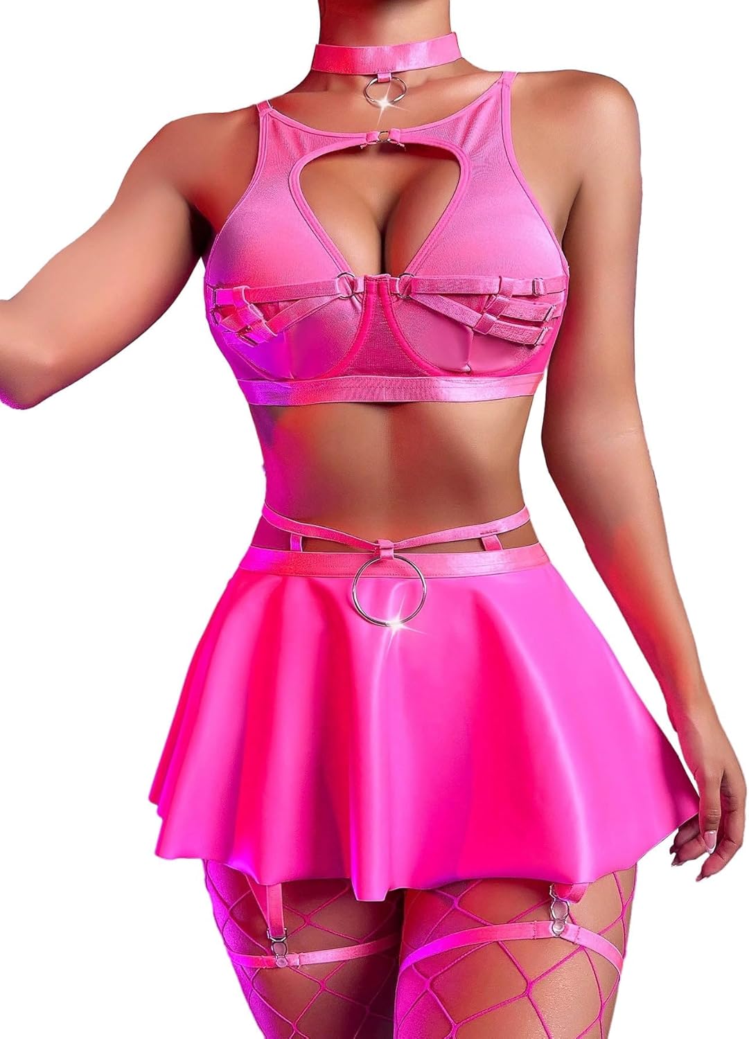 Lilosy Sexy Stocking Chocker Strappy Underwire O Ring Push Up Garter Belt Women Skirt 5 Piece