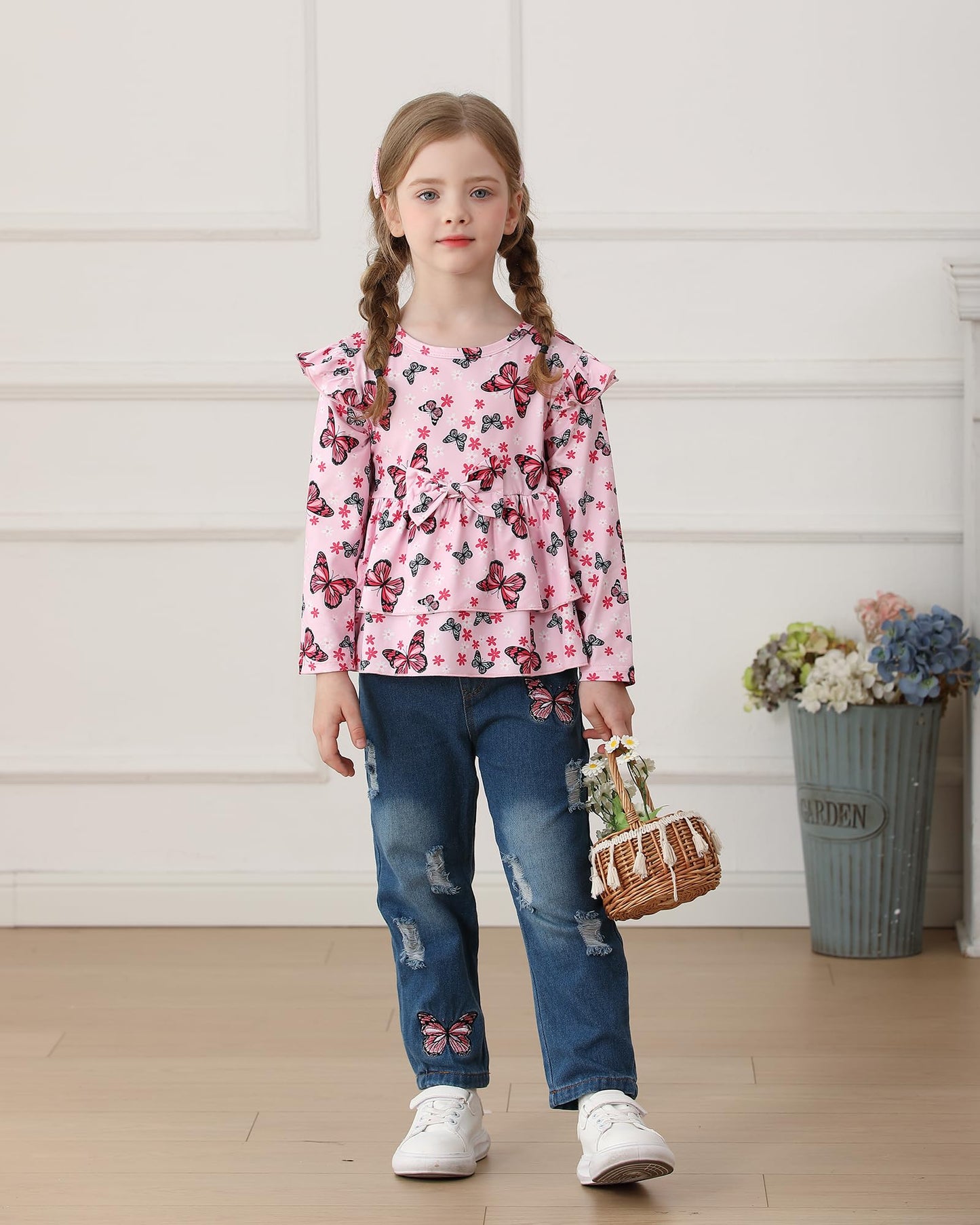 NZRVAWS Baby Girl Clothes Toddler Girl Outfits Infant Ruffle Shirt Denim Ripped Jeans Cute Clothing Set