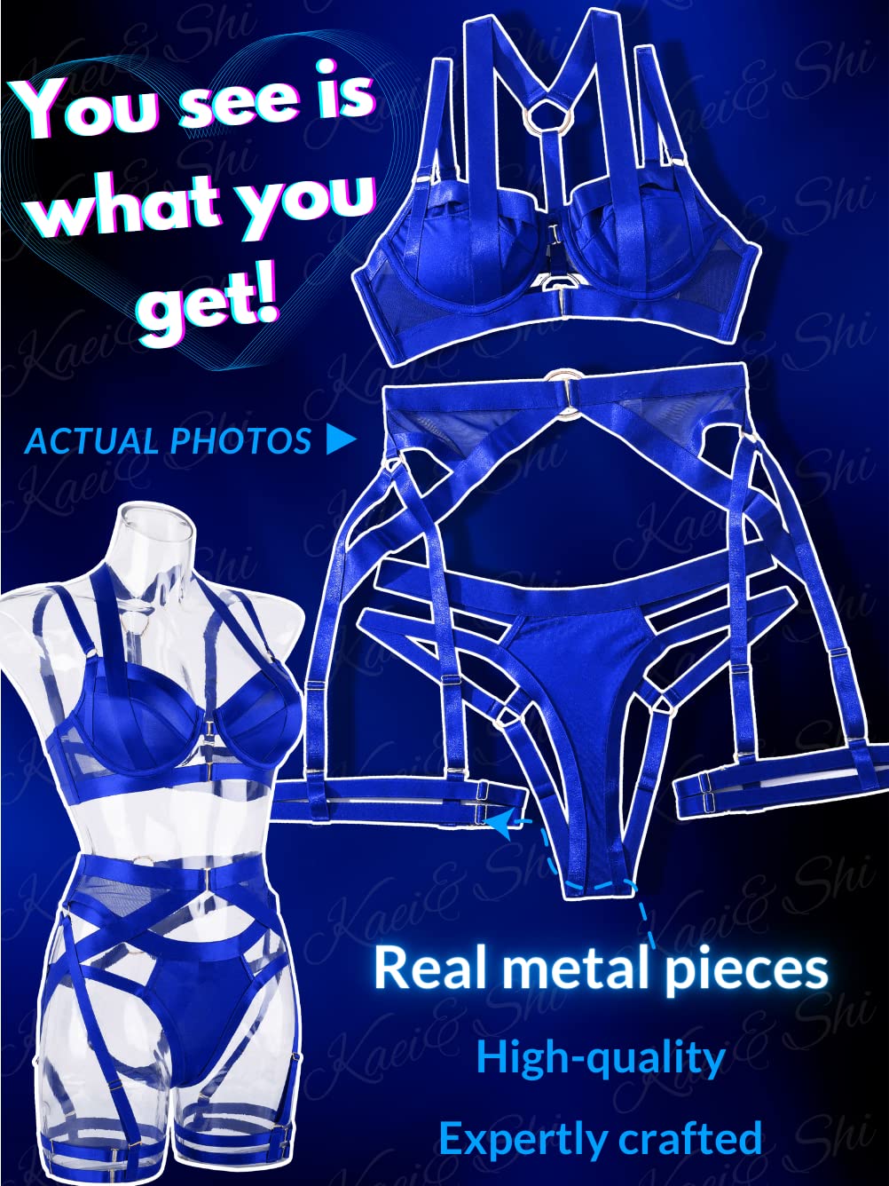 Kaei&Shi Strappy Harness, All Adjustable, Underwire Racerback, 4pc Garter Set