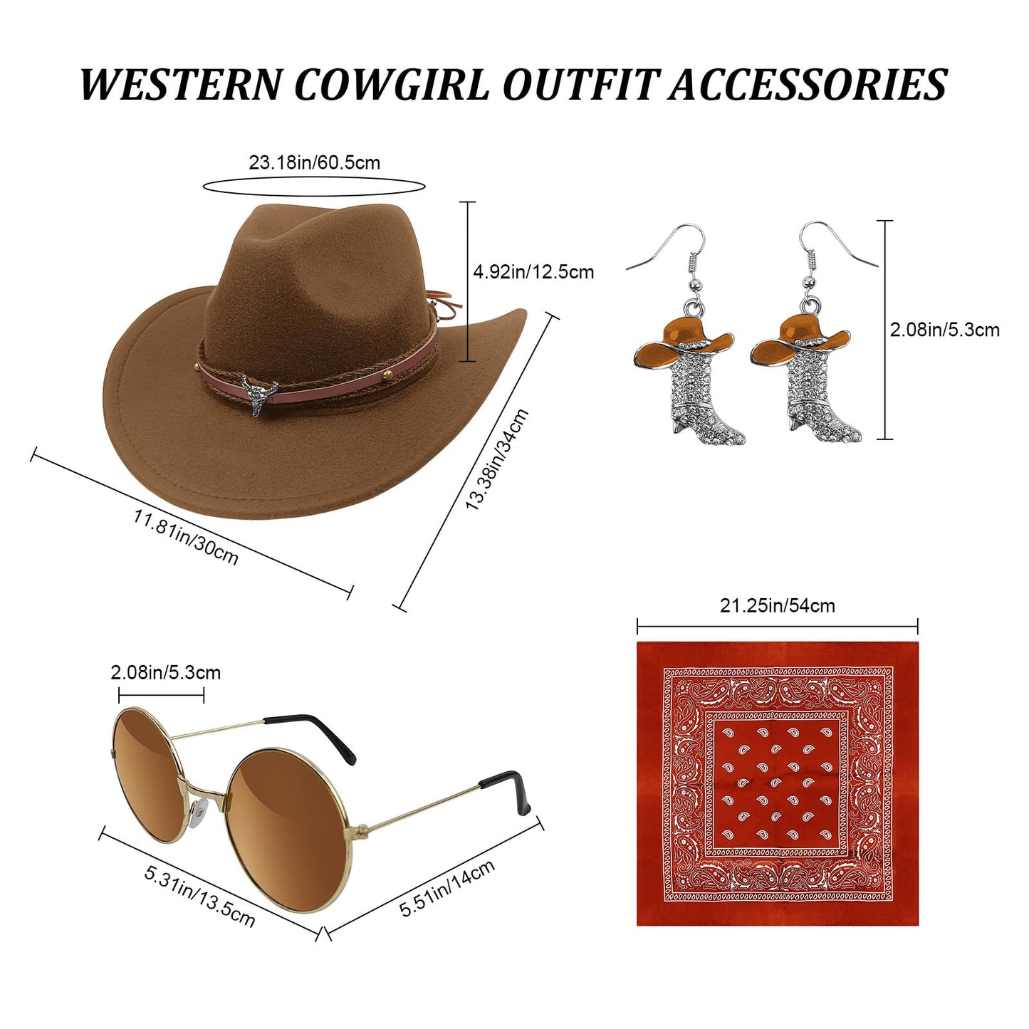 HyperFun Cowgirl Outfits for Women Western Costume Accessories Cowboy Hat Tassels Fringe Vest Earring Hippie Glasses Bandana
