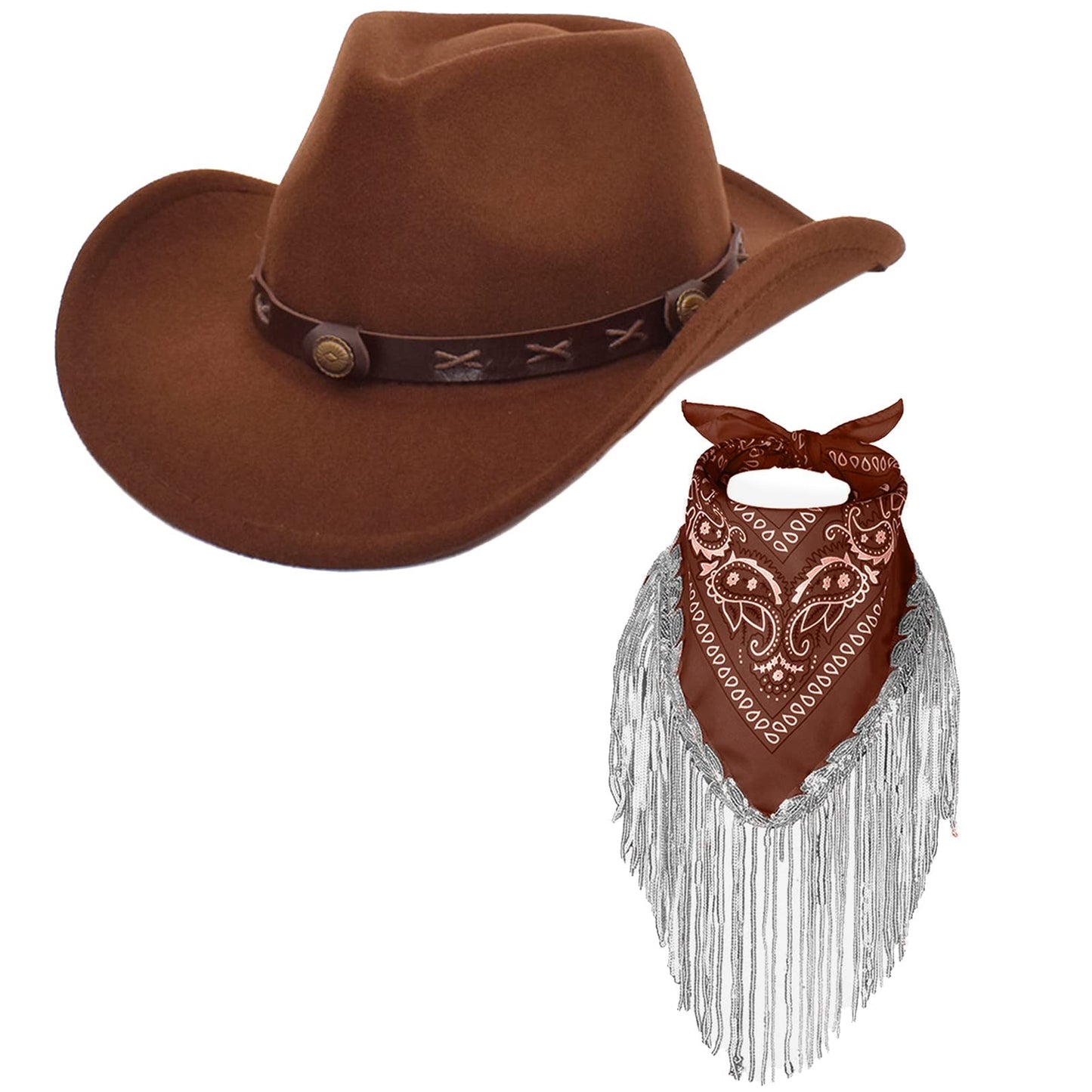 Ibeauti Cowboy Hat with Fringed Bandana Set for Women Wide Brim Western Cowgirl Hat Paisley Head Wrap Scarf