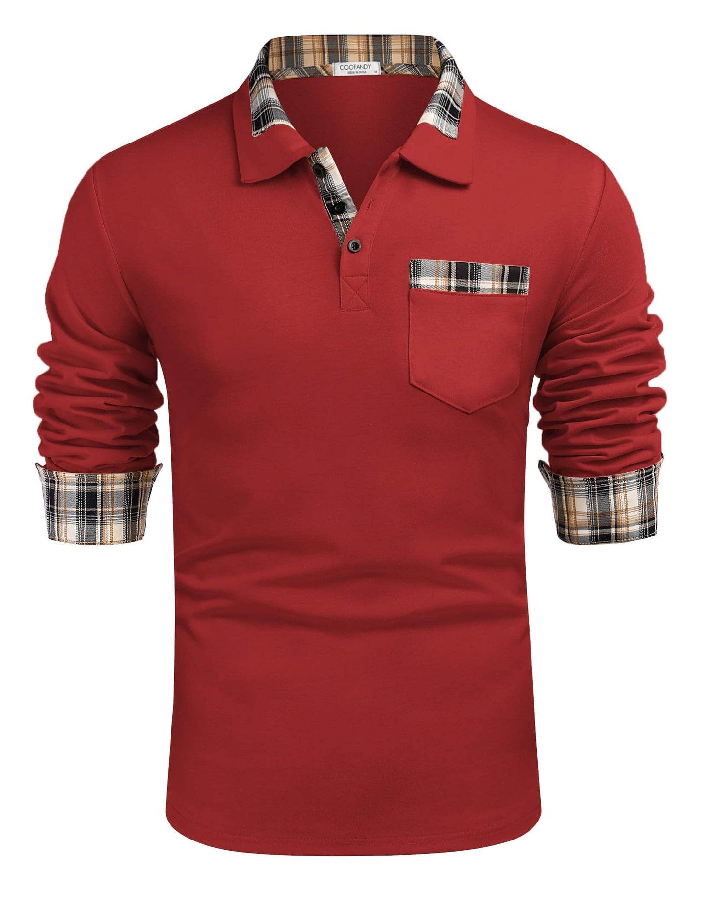COOFANDY Men's Casual Polo Shirt Long Sleeve Classic Plaid Button Tees with Pockets
