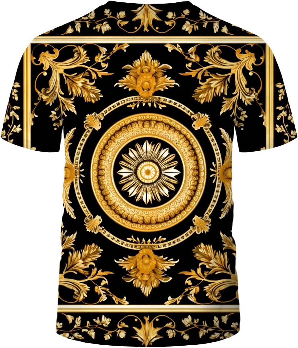 LAOLIUSN Men's Gold Shiny Printed T-Shirt - Golden Ornate Theme, Floral Graphic Tee Shirt