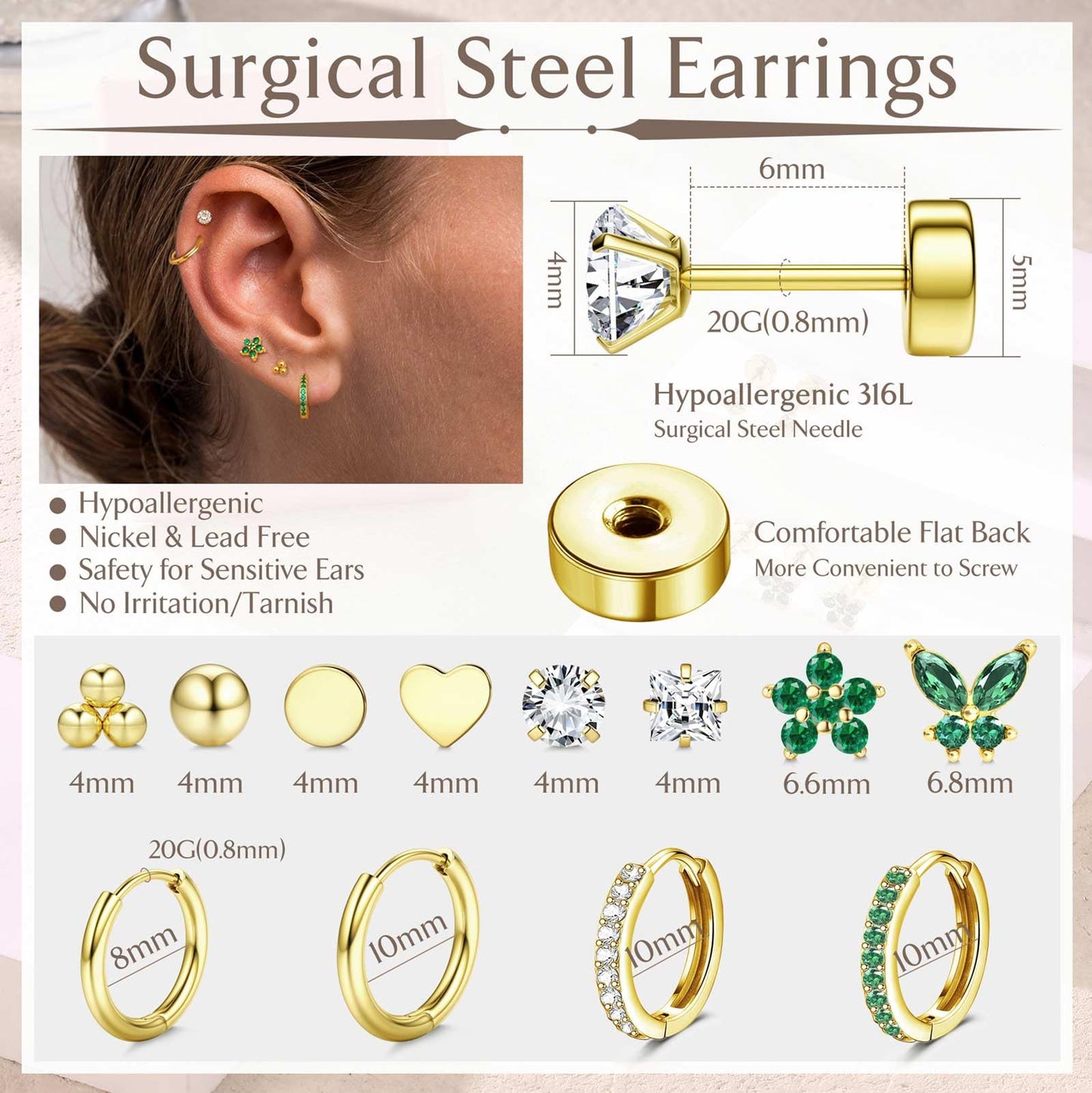 Jstyle Hypoallergenic Surgical Steel Earrings for Sensitive Ears 14K Gold Flat Back Earrings for Women Men Small Stainless Steel Earrings Flatback Stud Hoop Cartilage Earring Set for Multiple Piercing