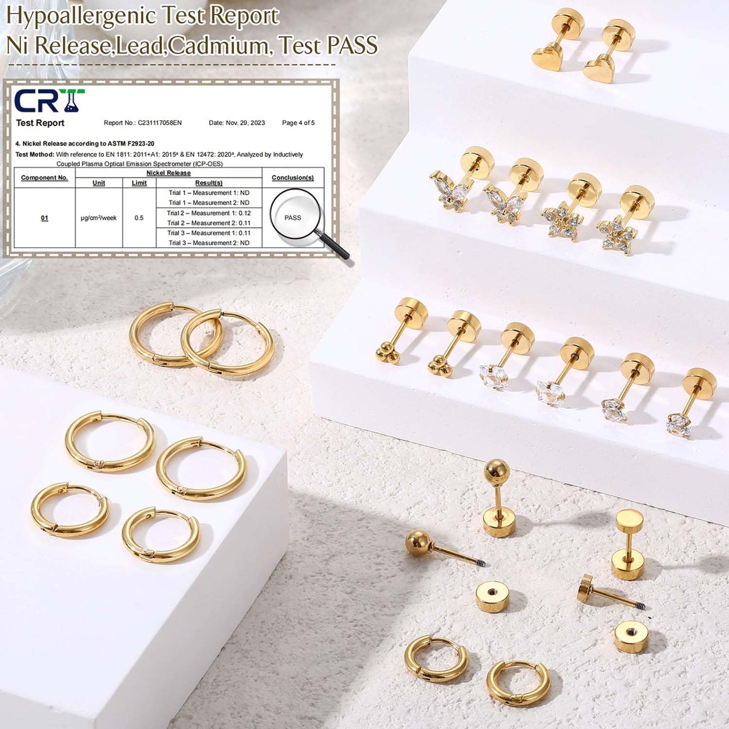 Jstyle Hypoallergenic Surgical Steel Earrings for Sensitive Ears 14K Gold Flat Back Earrings for Women Men Small Stainless Steel Earrings Flatback Stud Hoop Cartilage Earring Set for Multiple Piercing