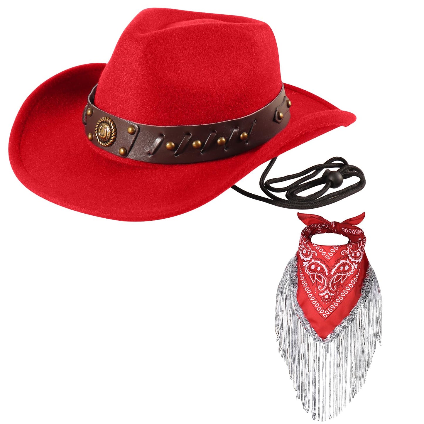 Ibeauti Cowboy Hat with Fringed Bandana Set for Women Wide Brim Western Cowgirl Hat Paisley Head Wrap Scarf