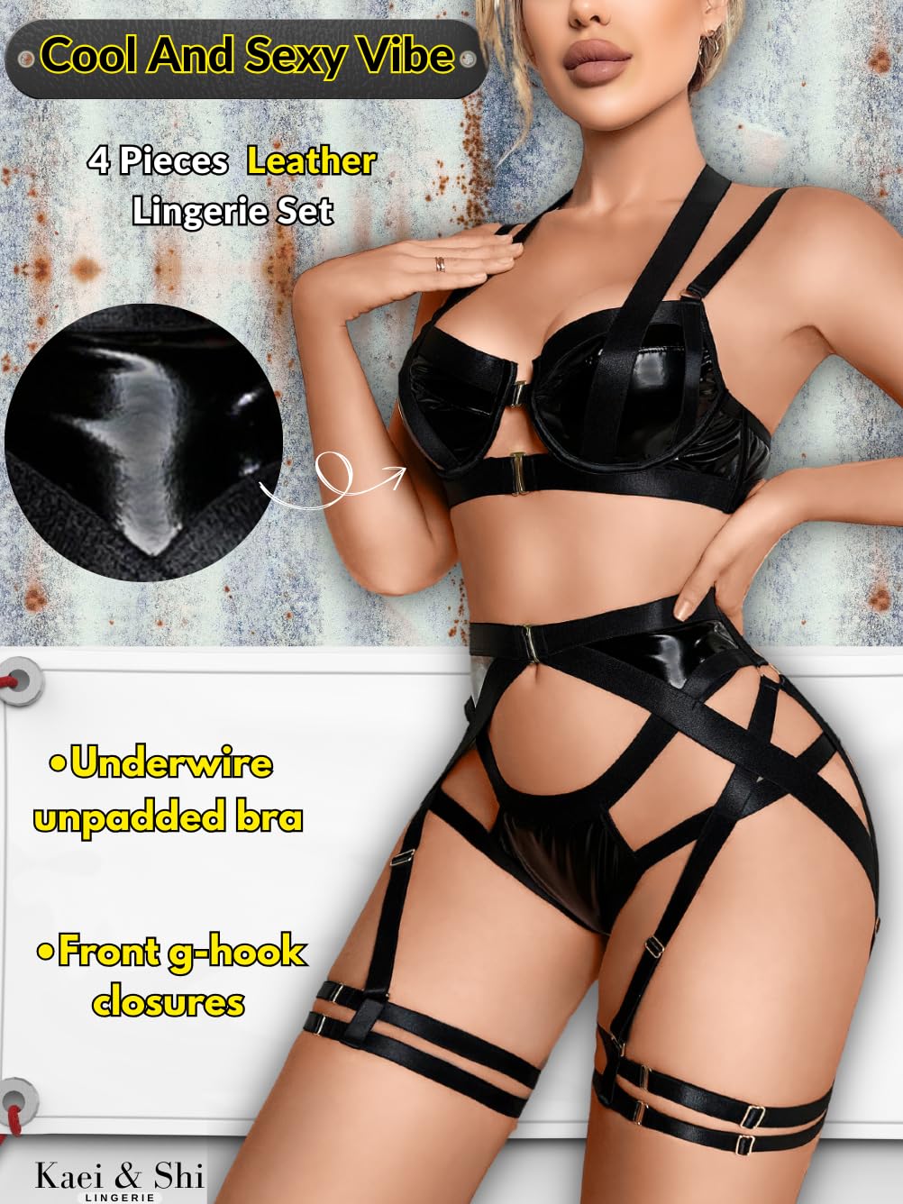 Kaei&Shi Strappy Harness, All Adjustable, Underwire Racerback, 4pc Garter Set