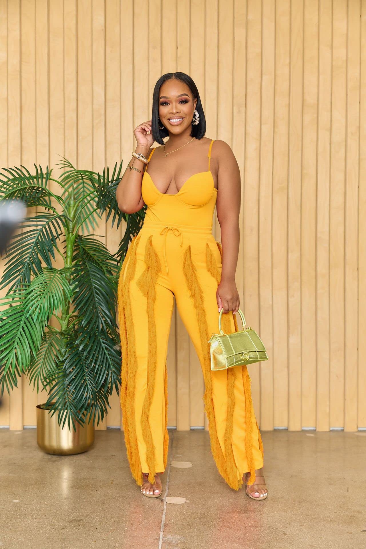PRIVIMIX Women 2 Piece Outfits Fringe Tassel Long Pants Set Adjustable Suspenders Bodysuit Spaghetti Strap Clubwear Jumpsuits
