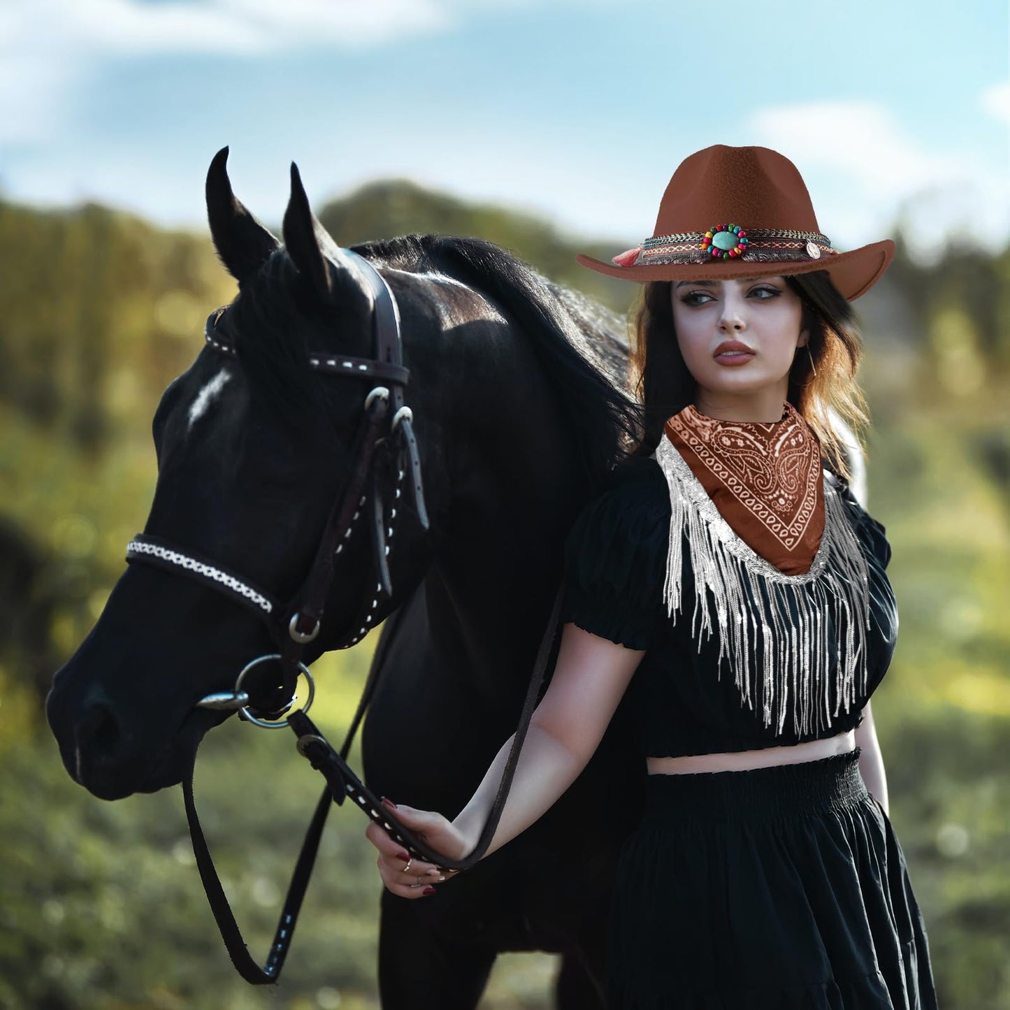 Ibeauti Cowboy Hat with Fringed Bandana Set for Women Wide Brim Western Cowgirl Hat Paisley Head Wrap Scarf