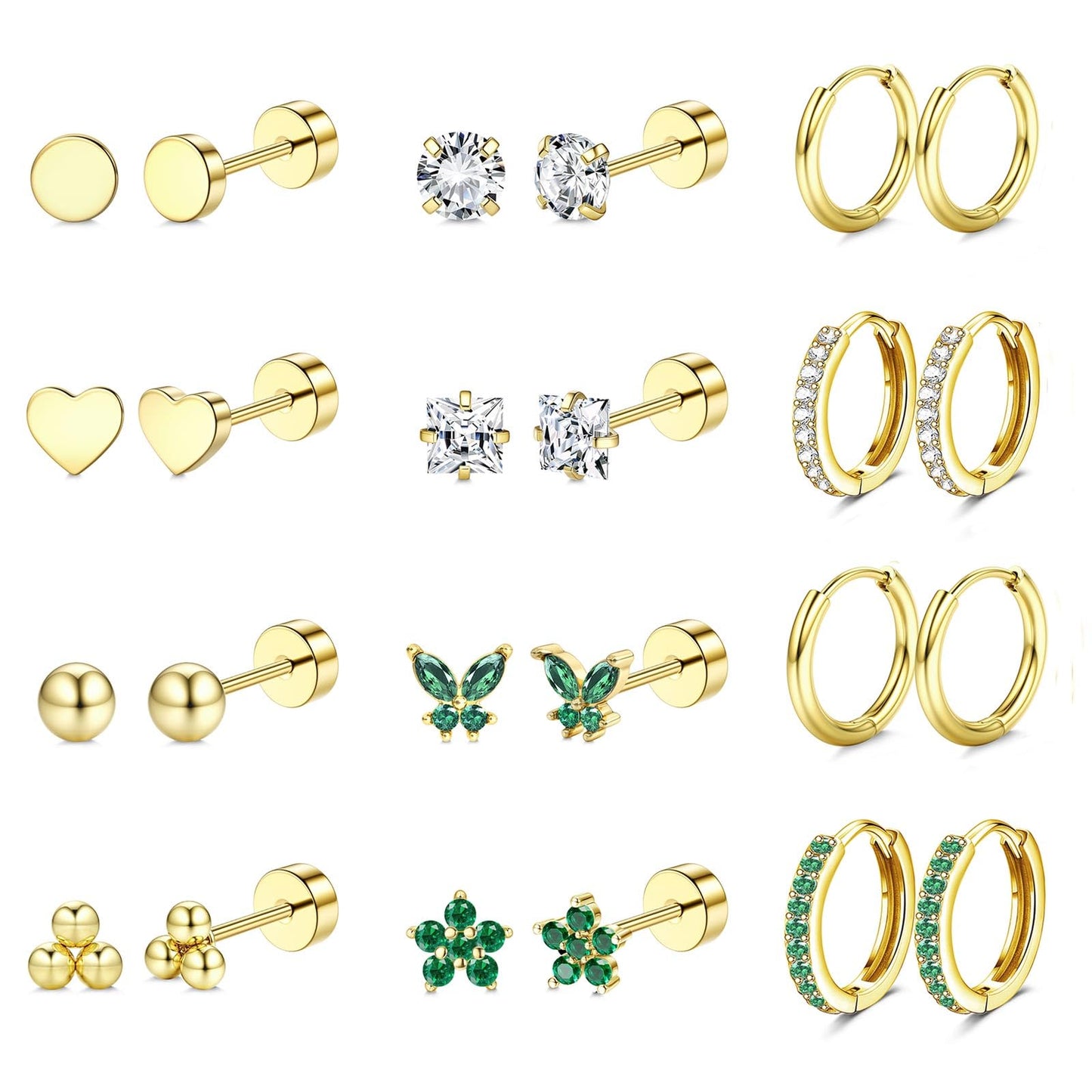 Jstyle Hypoallergenic Surgical Steel Earrings for Sensitive Ears 14K Gold Flat Back Earrings for Women Men Small Stainless Steel Earrings Flatback Stud Hoop Cartilage Earring Set for Multiple Piercing