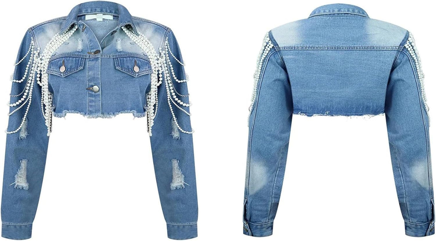 Lucuna Women's Cropped Denim Jacket Long Sleeve Trendy Pearl Distressed Crop Top Jean Jacket Coat