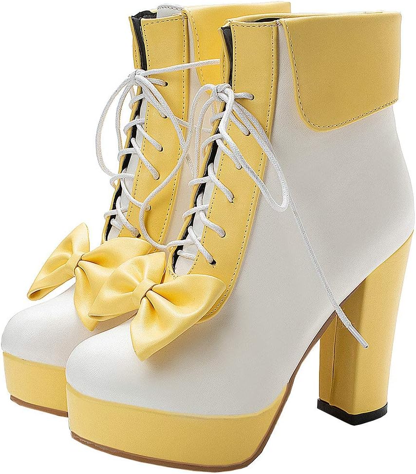 Parisuit Womens Dress Kawaii Boots Chunky High Heel Platform Ankle Booties Lace Up Sweet Bow Shoes