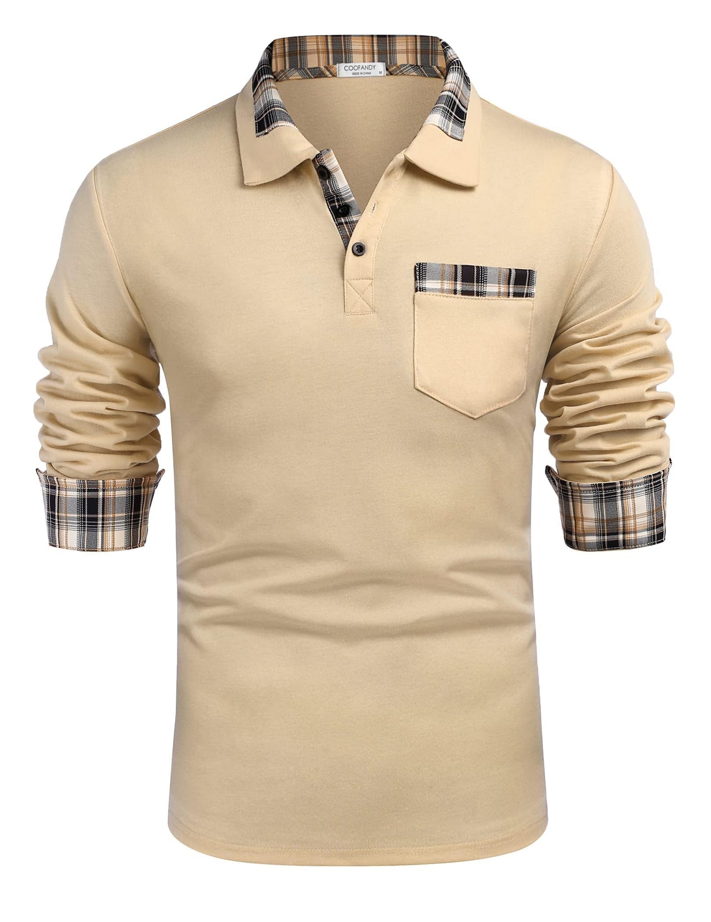 COOFANDY Men's Casual Polo Shirt Long Sleeve Classic Plaid Button Tees with Pockets