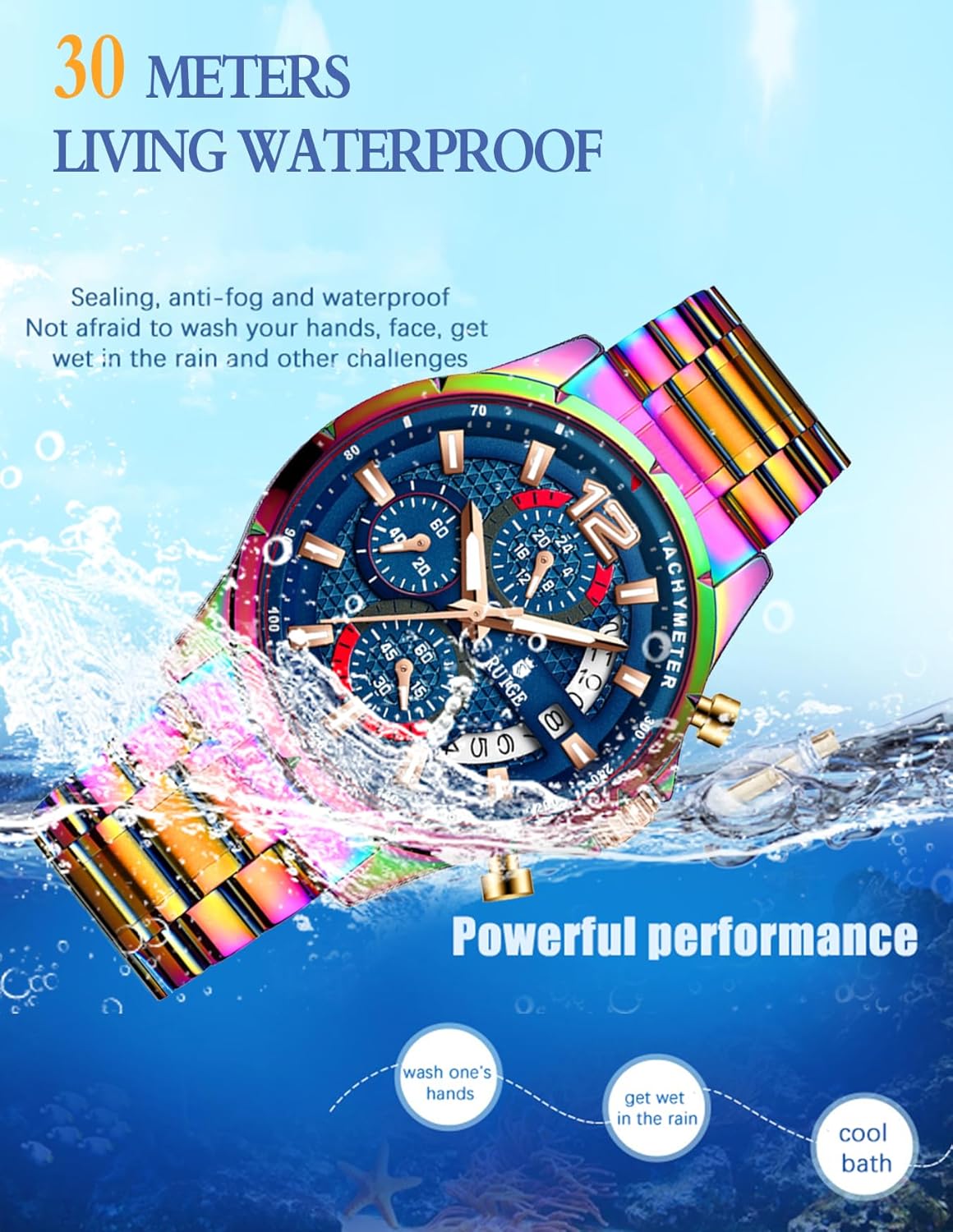 RUIGE Sports Chronograph Colorful Series Multi Functional Men's Quartz Watch Stainless Steel Material Men's Night Light Waterproof Fashion Trend Watch Diameter 42MM N3-3