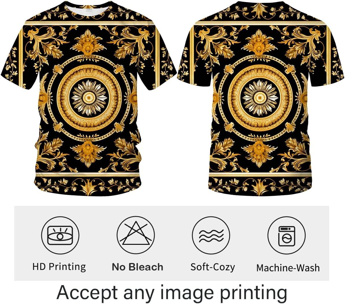 LAOLIUSN Men's Gold Shiny Printed T-Shirt - Golden Ornate Theme, Floral Graphic Tee Shirt