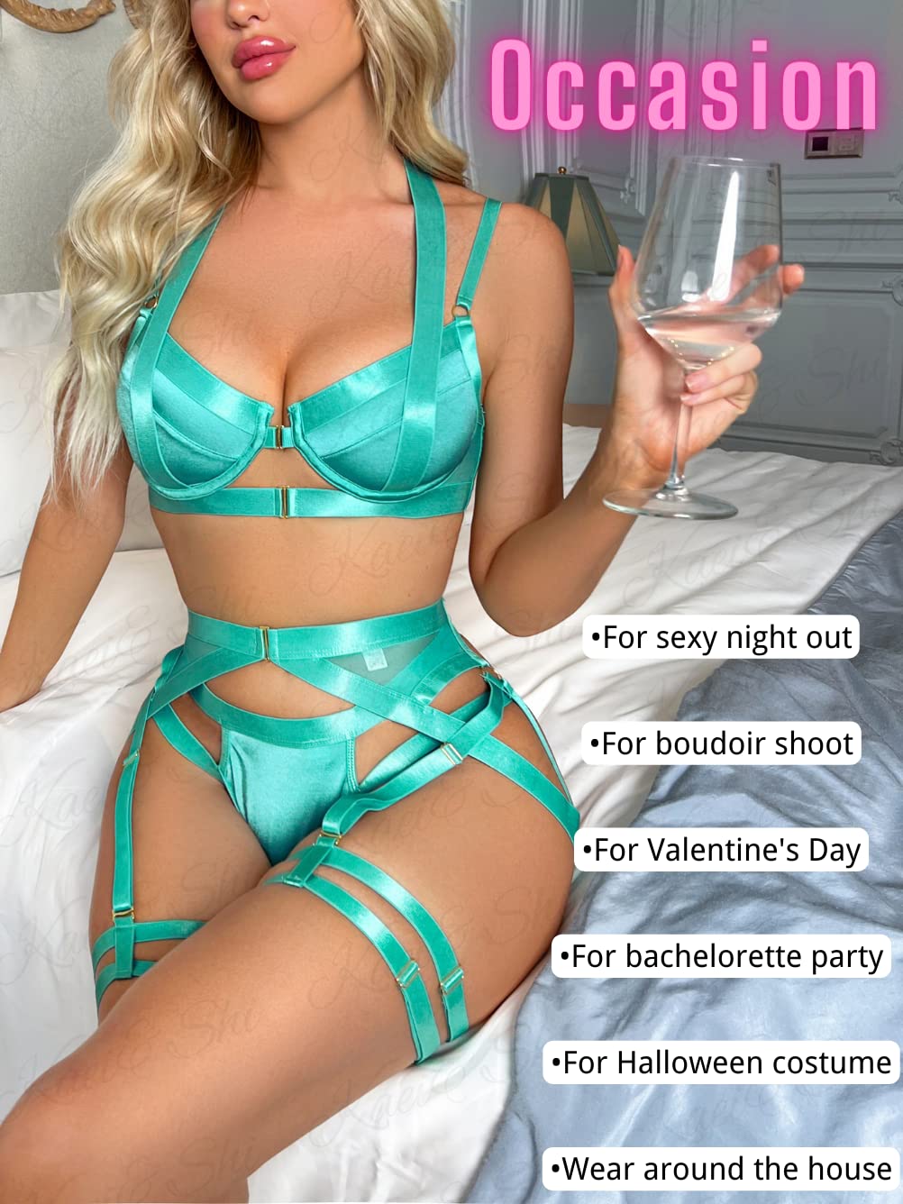 Kaei&Shi Strappy Harness, All Adjustable, Underwire Racerback, 4pc Garter Set