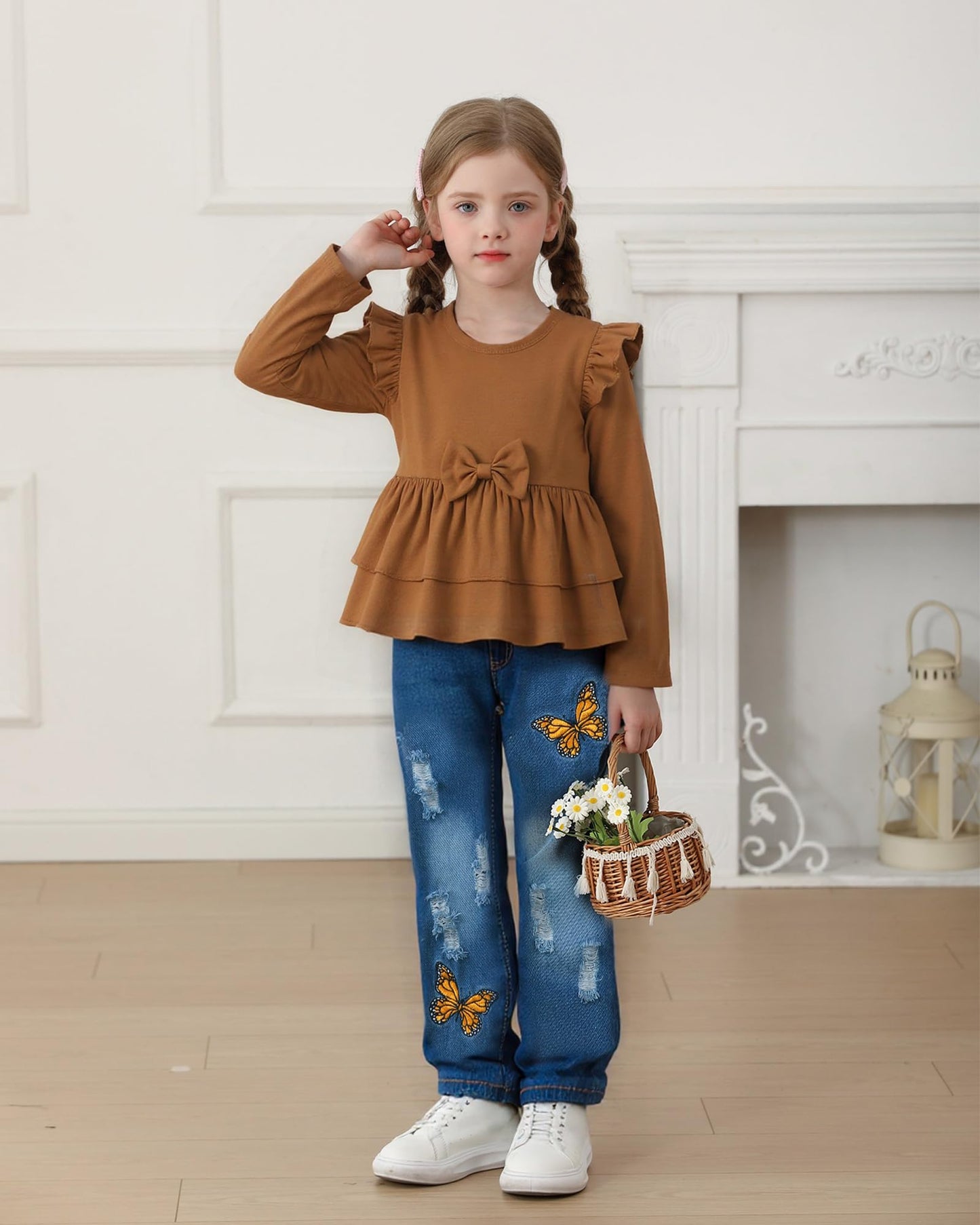NZRVAWS Baby Girl Clothes Toddler Girl Outfits Infant Ruffle Shirt Denim Ripped Jeans Cute Clothing Set