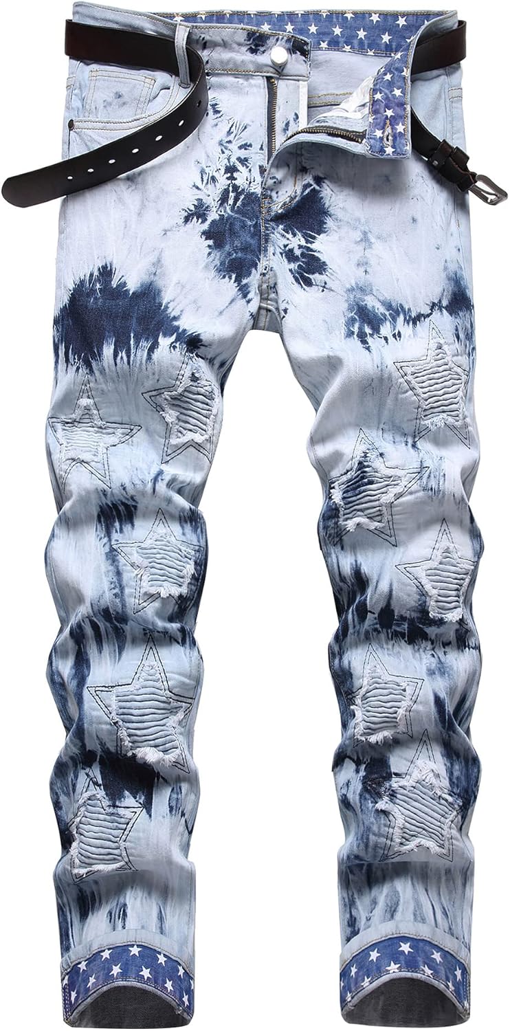 Baylvn Men's Designer Straight Slim Fit Patchwork Jeans Comfort Skinny Biker Denim Pants