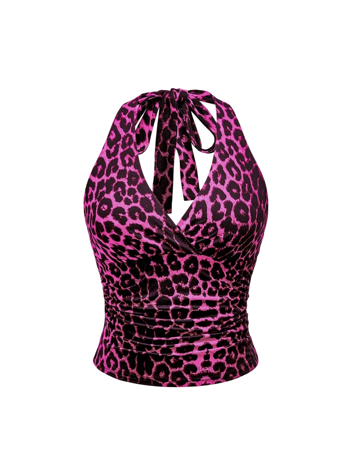WDIRARA Women's Leopard Print Ruched Halter Crop Tops V Neck Tie Back Sleeveless Slim Fit Cami Tops