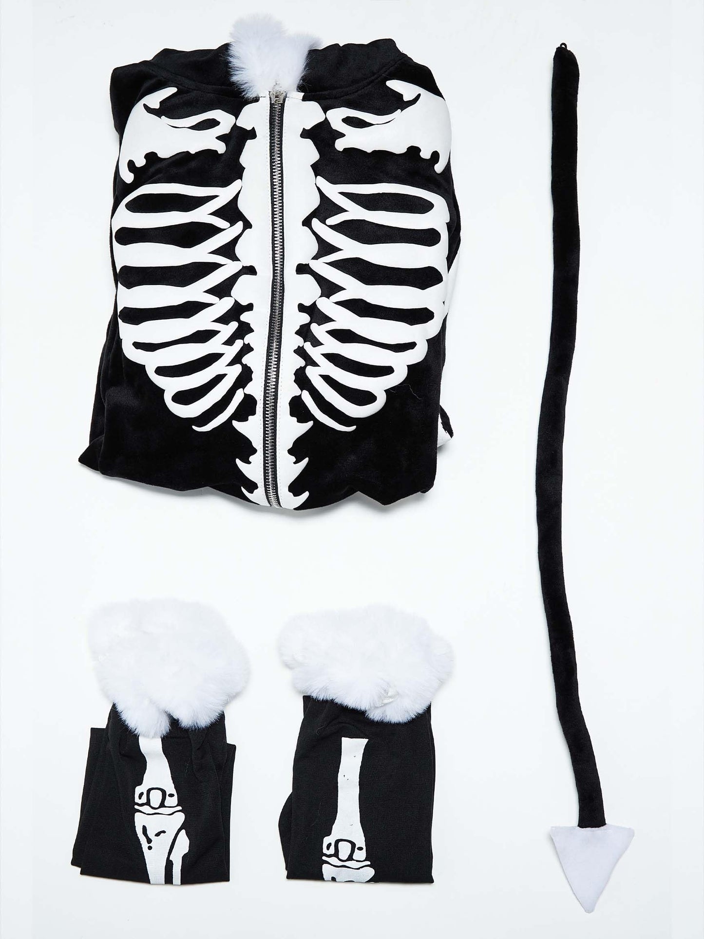 MEOWCOS Gothic Bodysuit Furry Hooded Black White Skull Pattern Halloween Costume Homewear with Tail and Socks