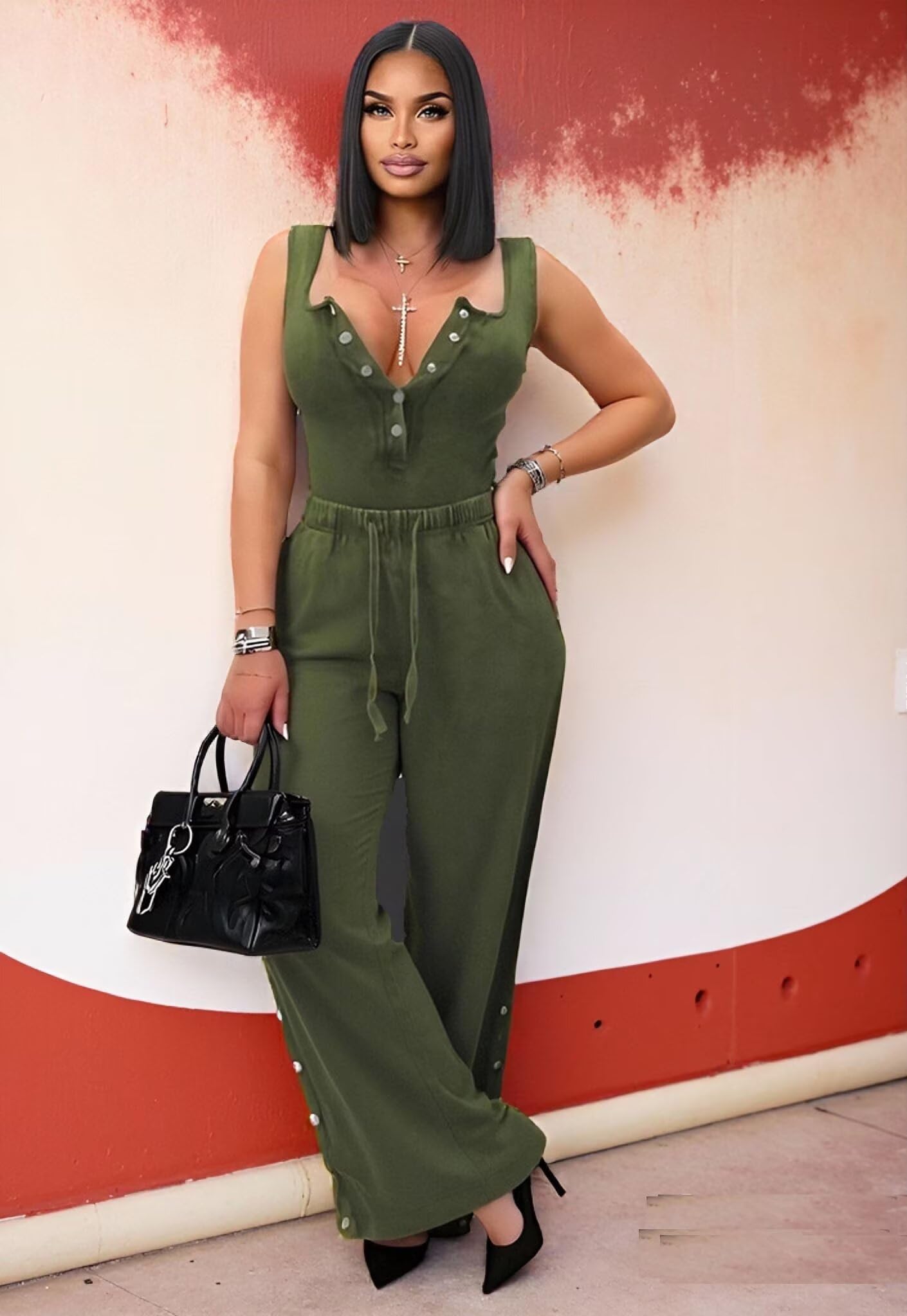Two Piece Sets for Women Summer Casual Sleeveless Button Crop Top Drawstring Wide Leg Pants Set