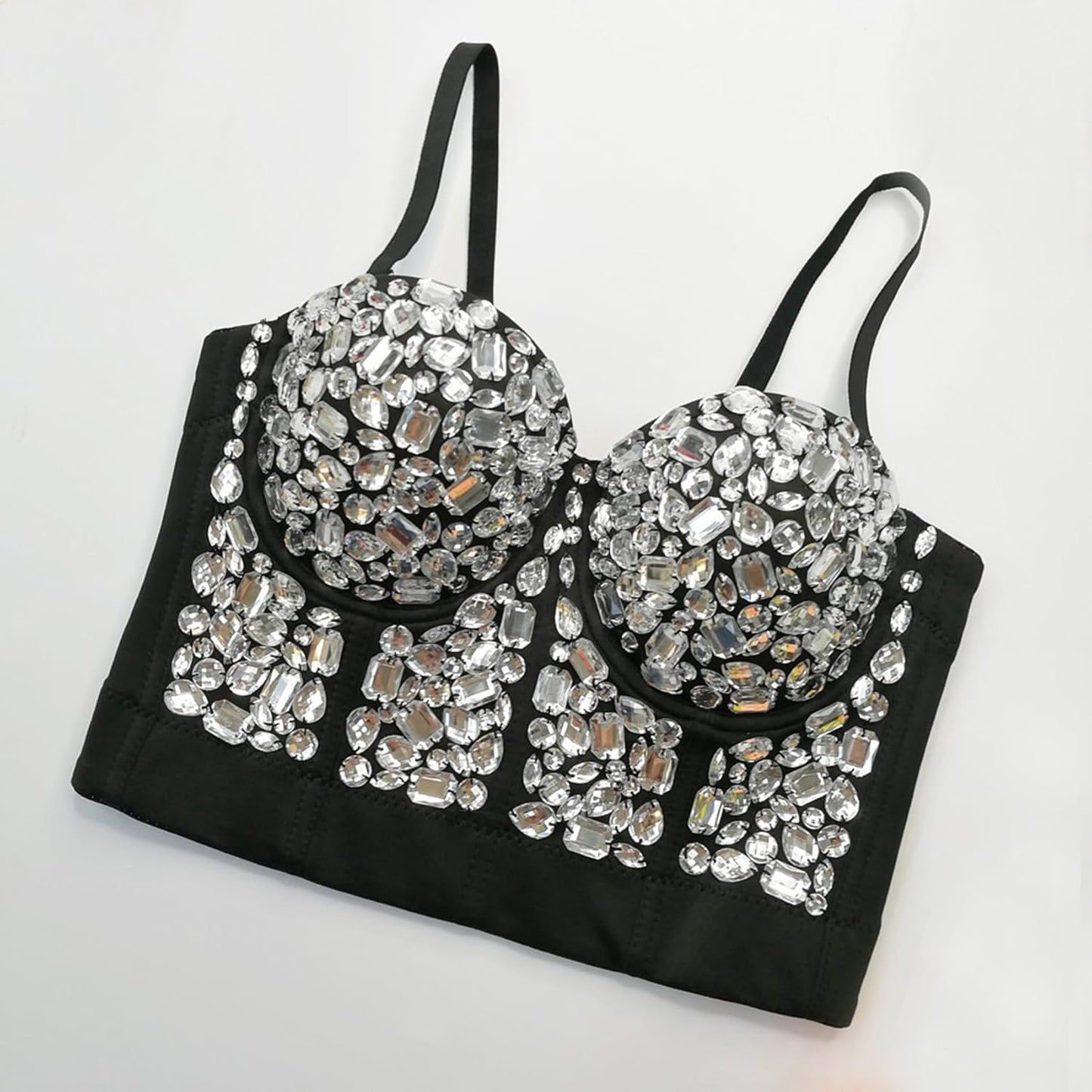 Women's Handmade Rhinestone Diamond Push up Bustier Crop Top Punk Corset Bra Vest