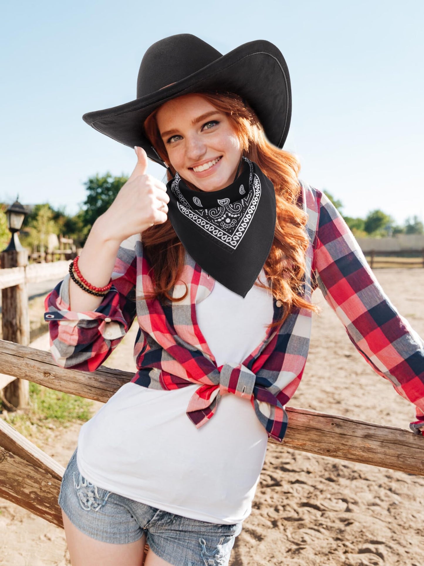 Ibeauti Cowboy Hat with Fringed Bandana Set for Women Wide Brim Western Cowgirl Hat Paisley Head Wrap Scarf