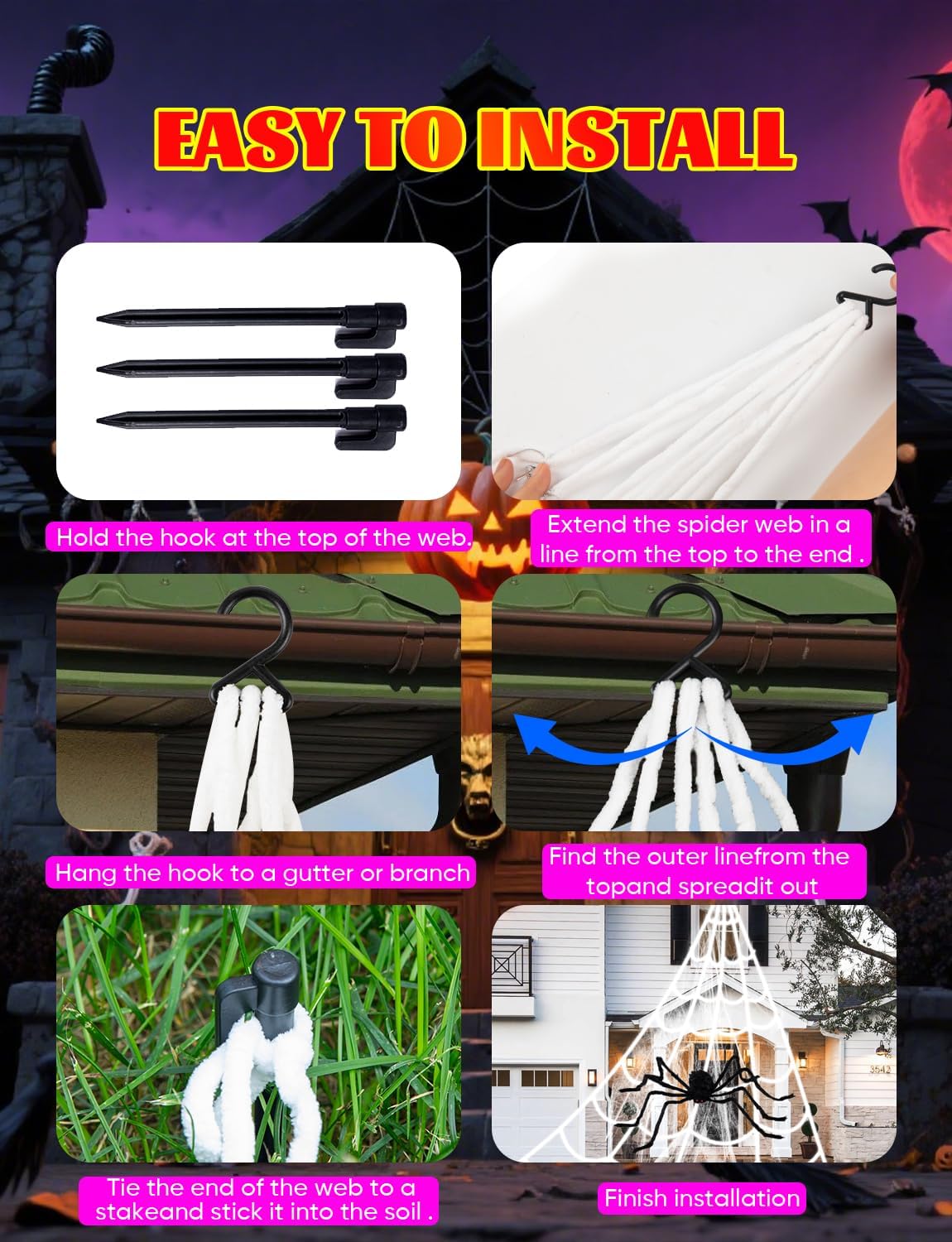 Spider Webs Halloween Decorations Lights - 250 LEDs Outdoor Halloween String Lights with 60" Light Up Spider,8 Modes Remote Control 16.4Ft Spiderweb,Waterproof (Orange+Purple)