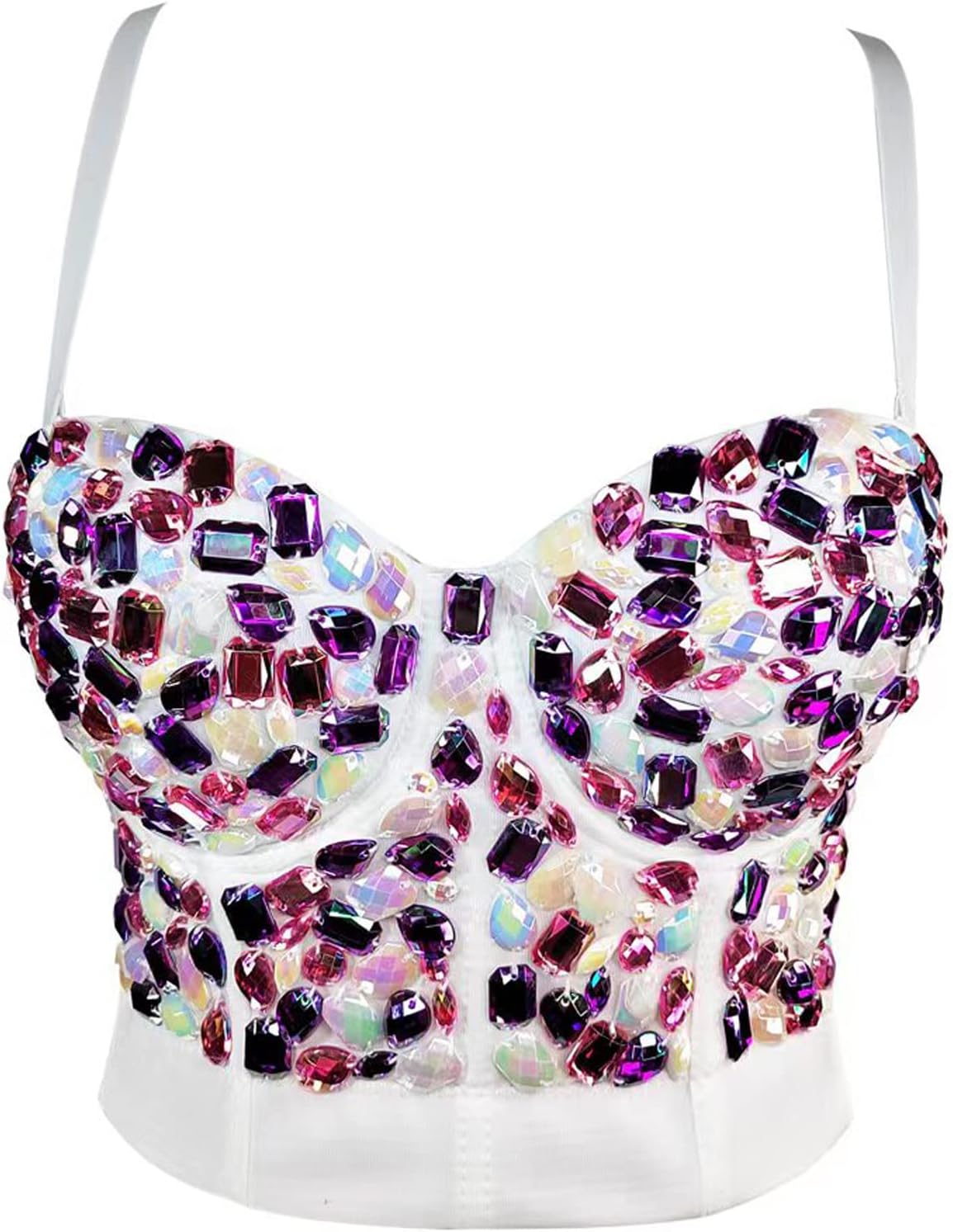 Women's Handmade Rhinestone Diamond Push up Bustier Crop Top Punk Corset Bra Vest