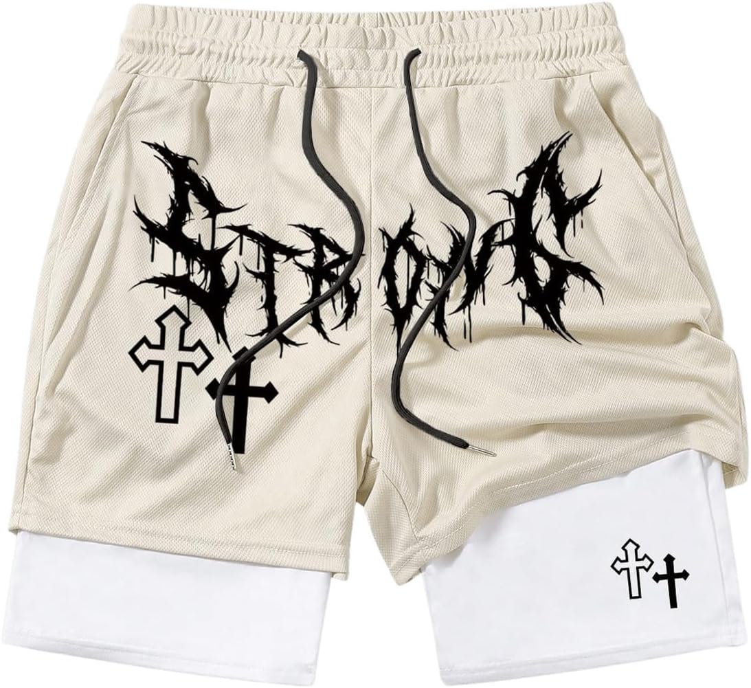 Men's Graphic Shorts with Liner Cross Print Drawstring 2 in 1 Gym Track Bottoms