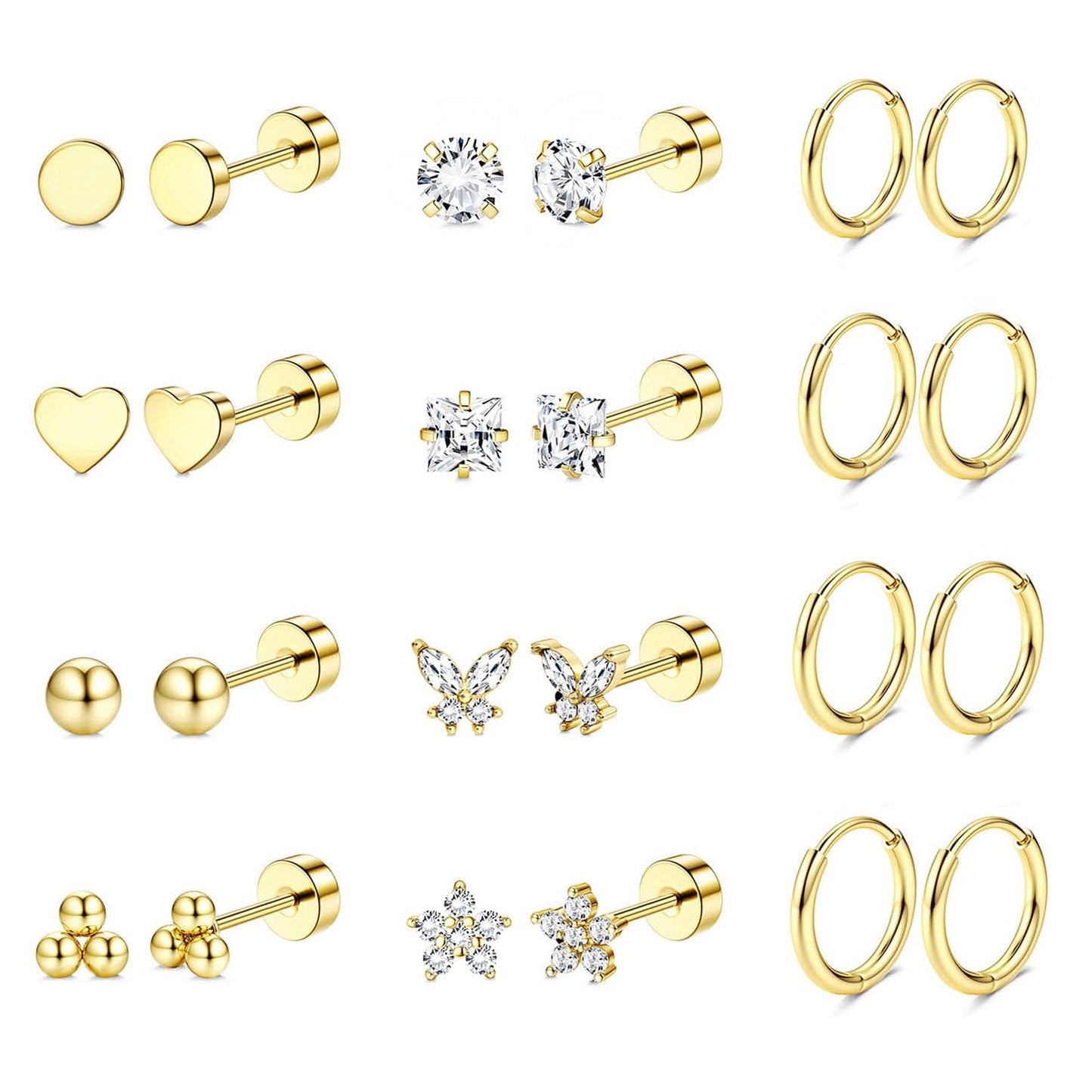 Jstyle Hypoallergenic Surgical Steel Earrings for Sensitive Ears 14K Gold Flat Back Earrings for Women Men Small Stainless Steel Earrings Flatback Stud Hoop Cartilage Earring Set for Multiple Piercing