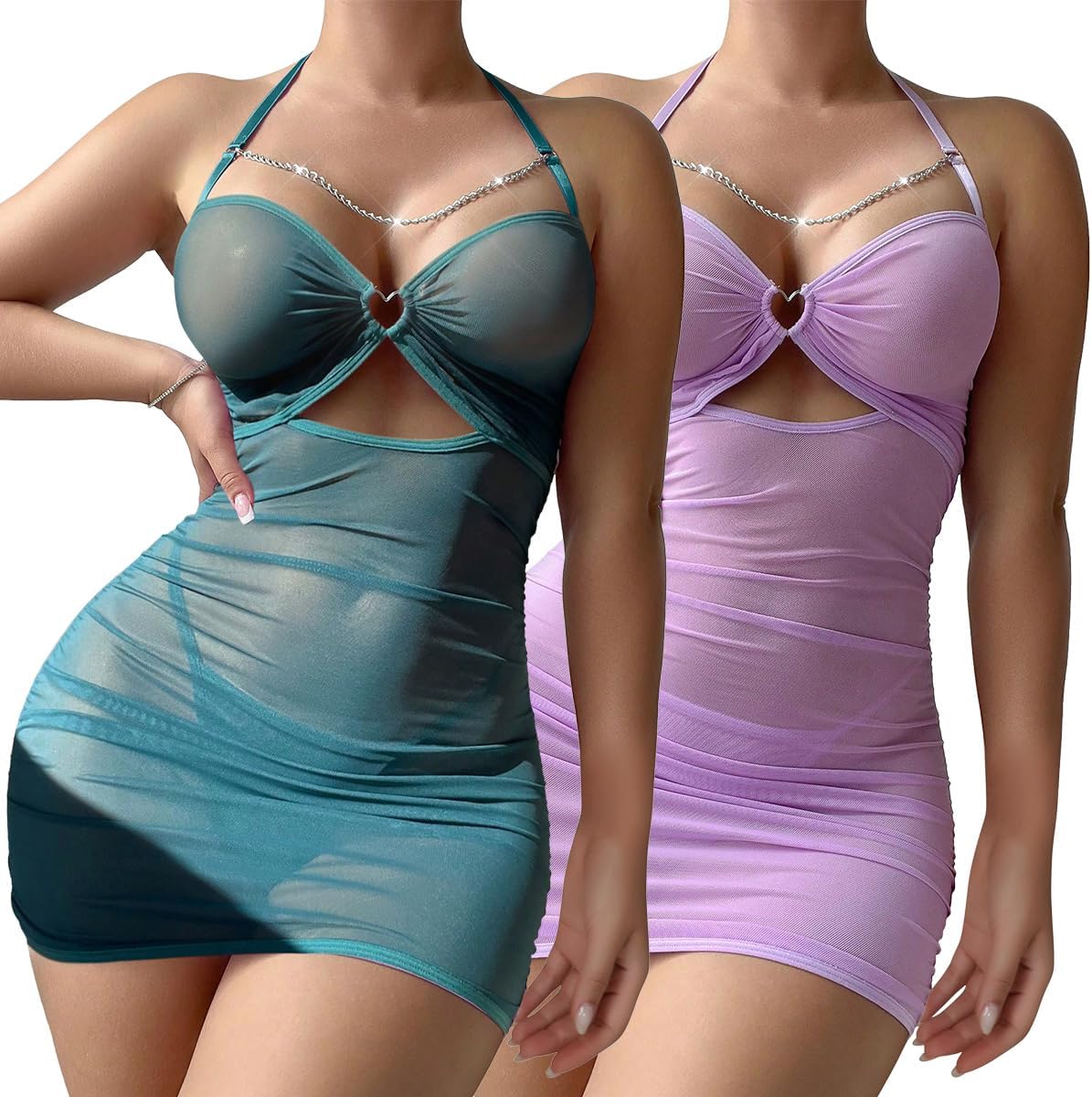 Sexy Chain Sheer Mesh Ruched Bodycon Mini Lingerie Dress with Thong 2 Piece Set Outfits