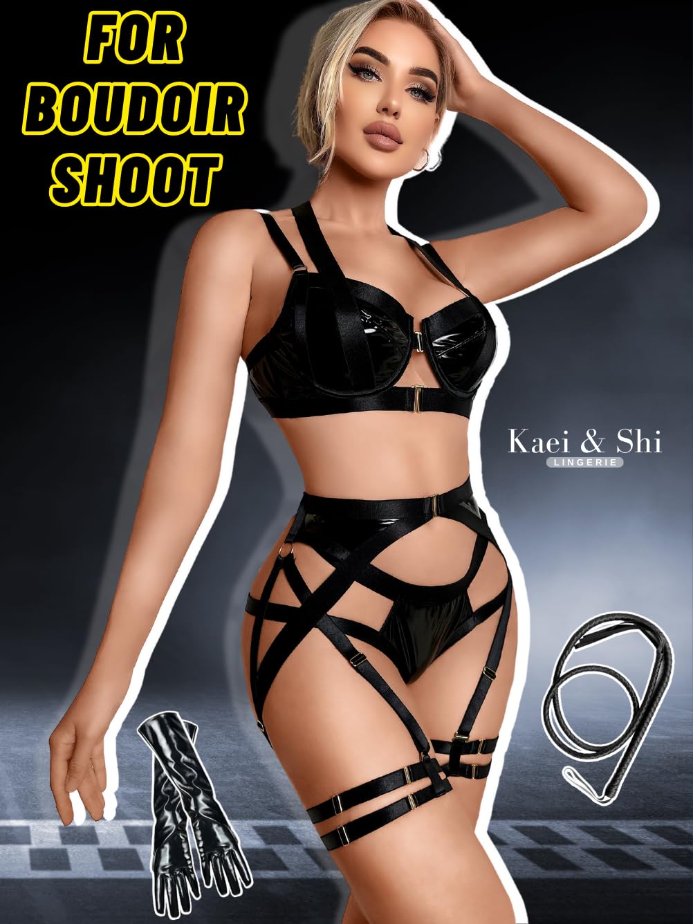 Kaei&Shi Strappy Harness, All Adjustable, Underwire Racerback, 4pc Garter Set