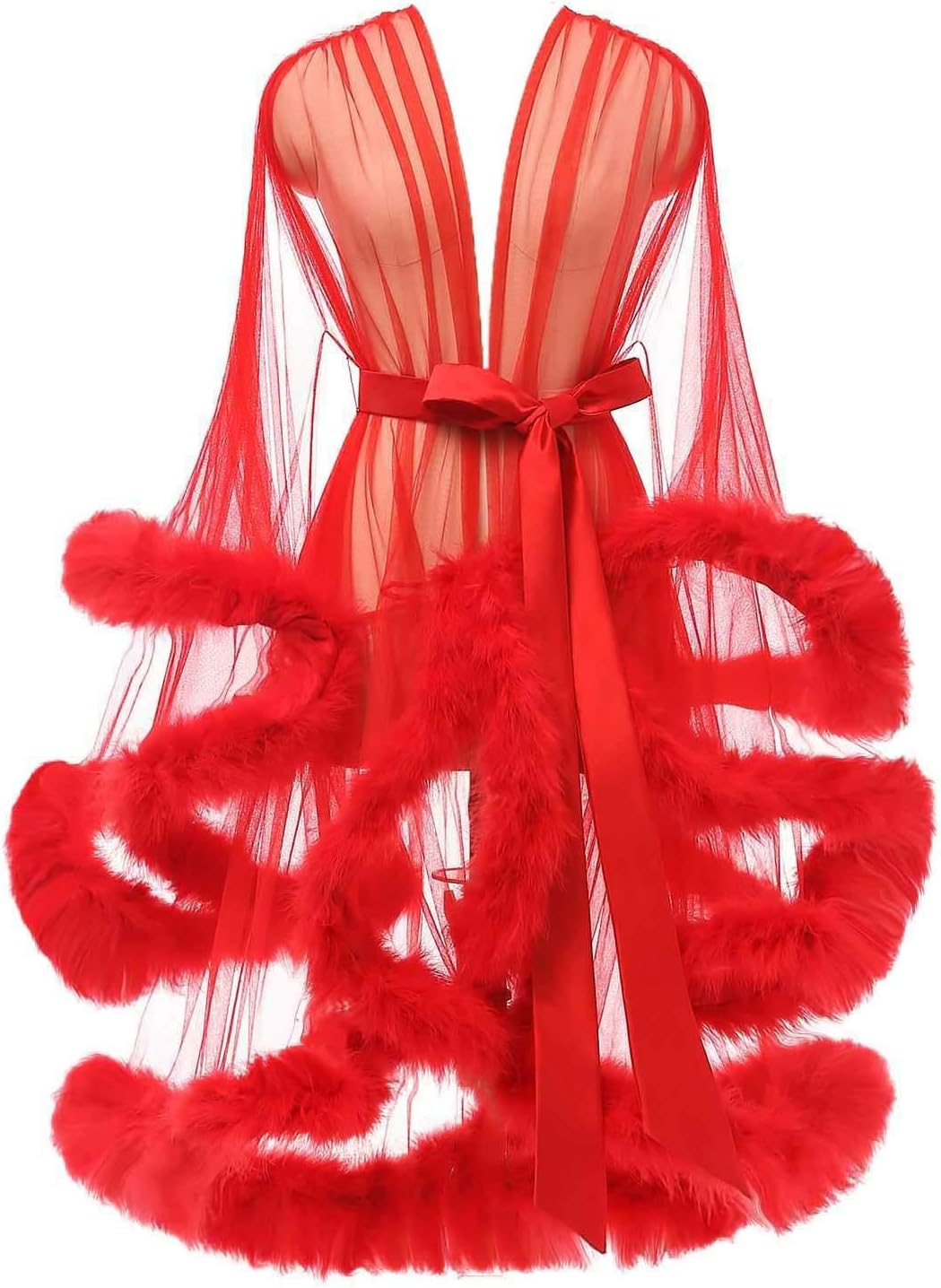 Tulle Feather Robe Sexy Sheer Mesh Fur Bridal Illusion Boudoir Bathrobe Nightgown Christmas Lingerie