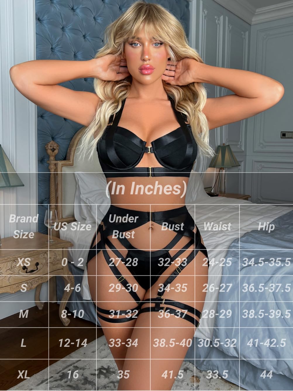 Kaei&Shi Strappy Harness, All Adjustable, Underwire Racerback, 4pc Garter Set